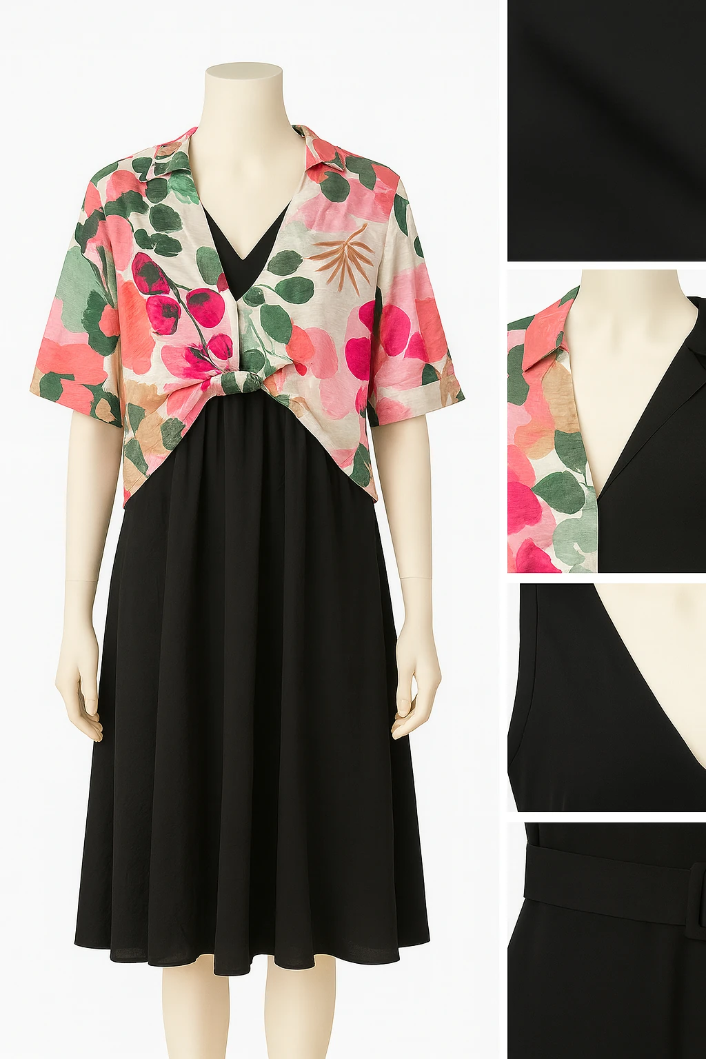 Çiçek Desenli Gömlek Detaylı Siyah Midi Elbise