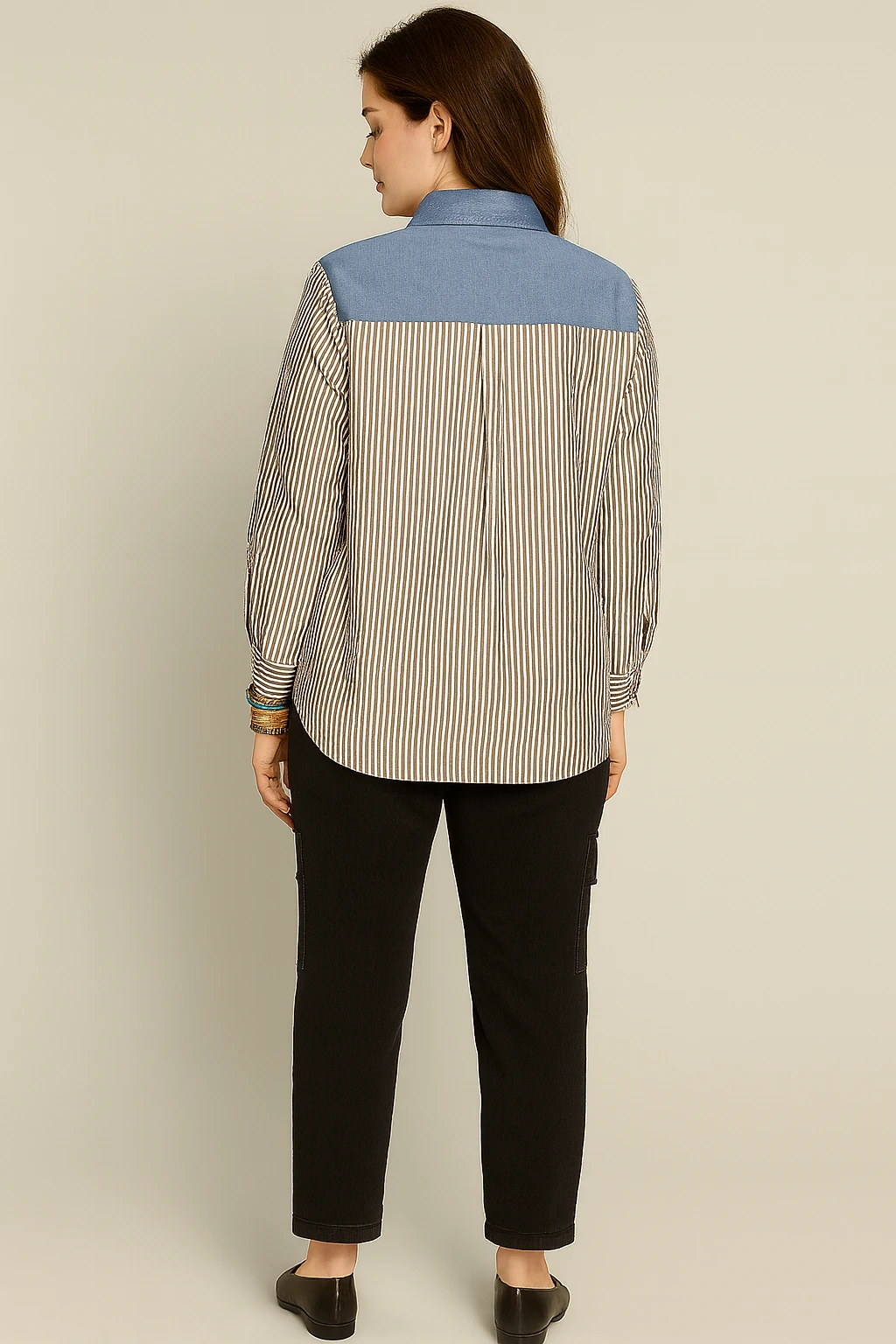 Kadın Çizgili Gömlek Yaka Denim Detaylı Bluz – Siyah-Beyaz