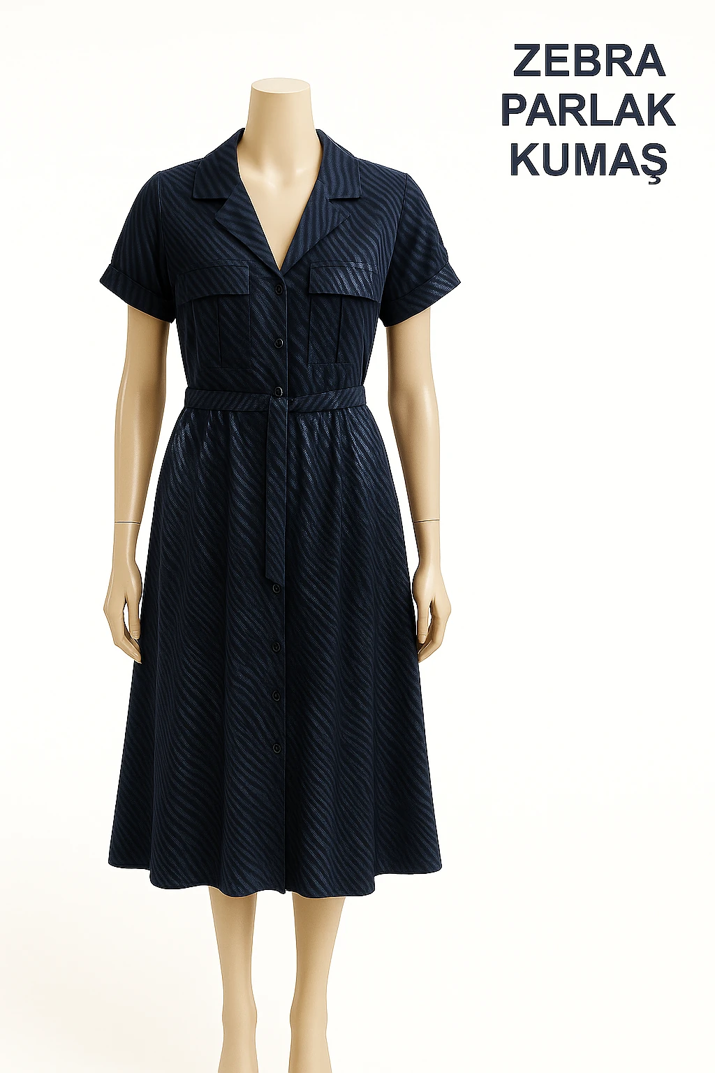 Parlak Kumaş Zebra Desenli Kuşaklı Gömlek Elbise