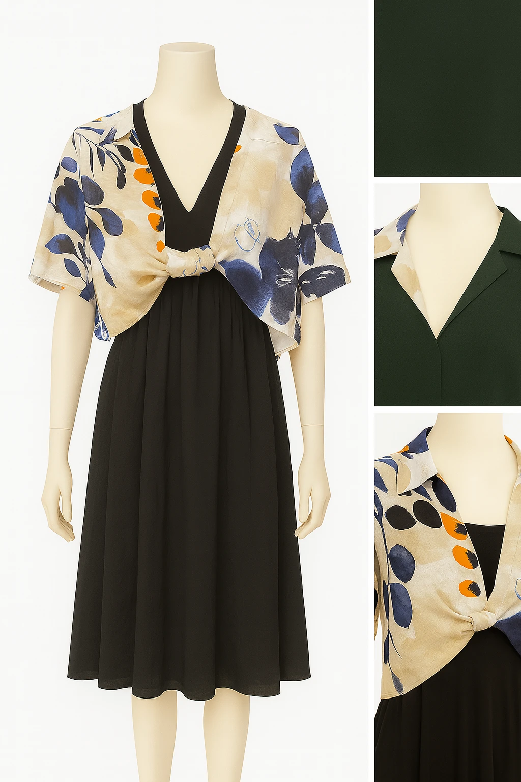 Desenli Gömlek Detaylı Siyah Midi Elbise