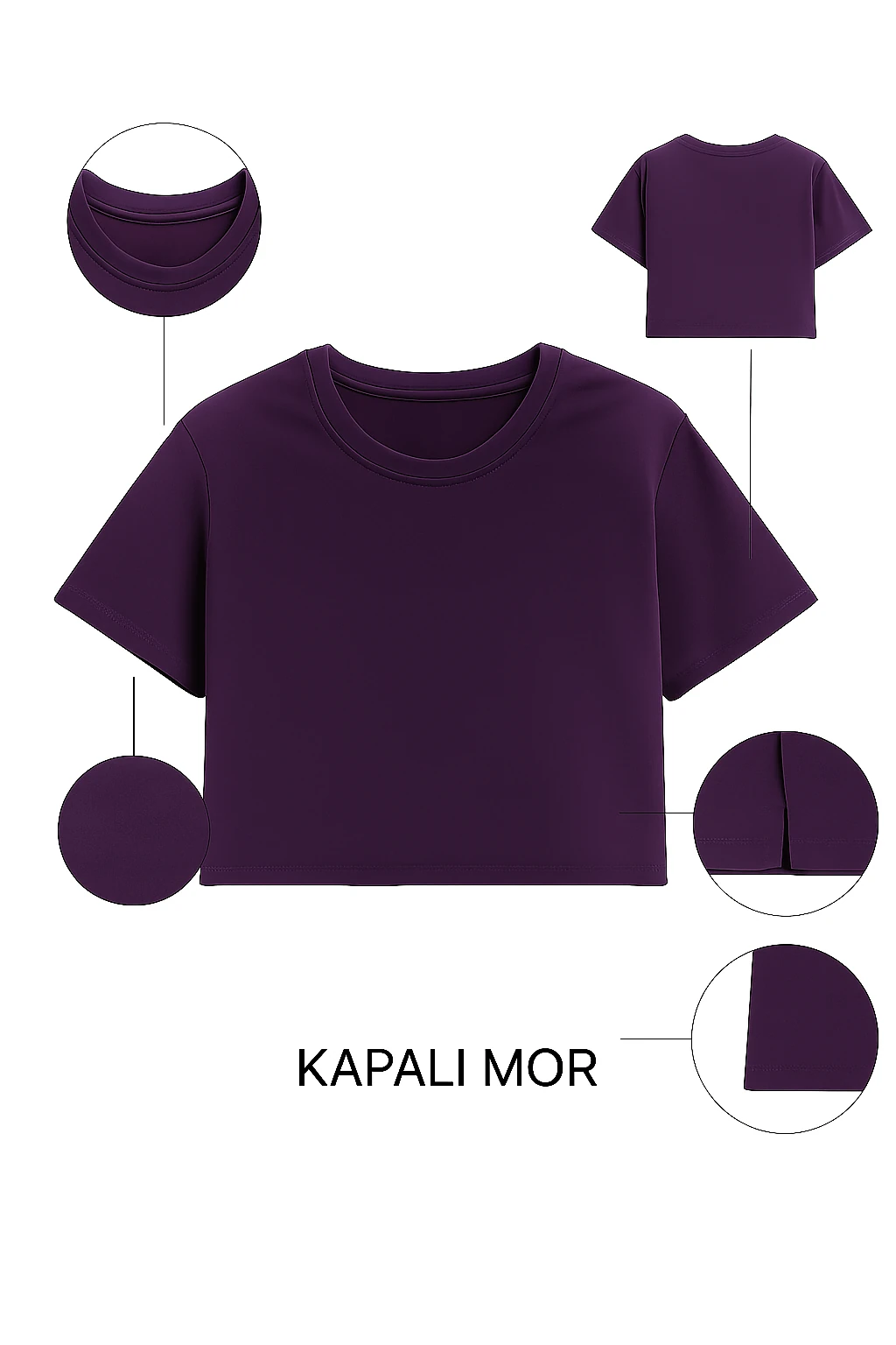 Kadın Kapalı Mor Crop Basic Kısa Kollu Tişört