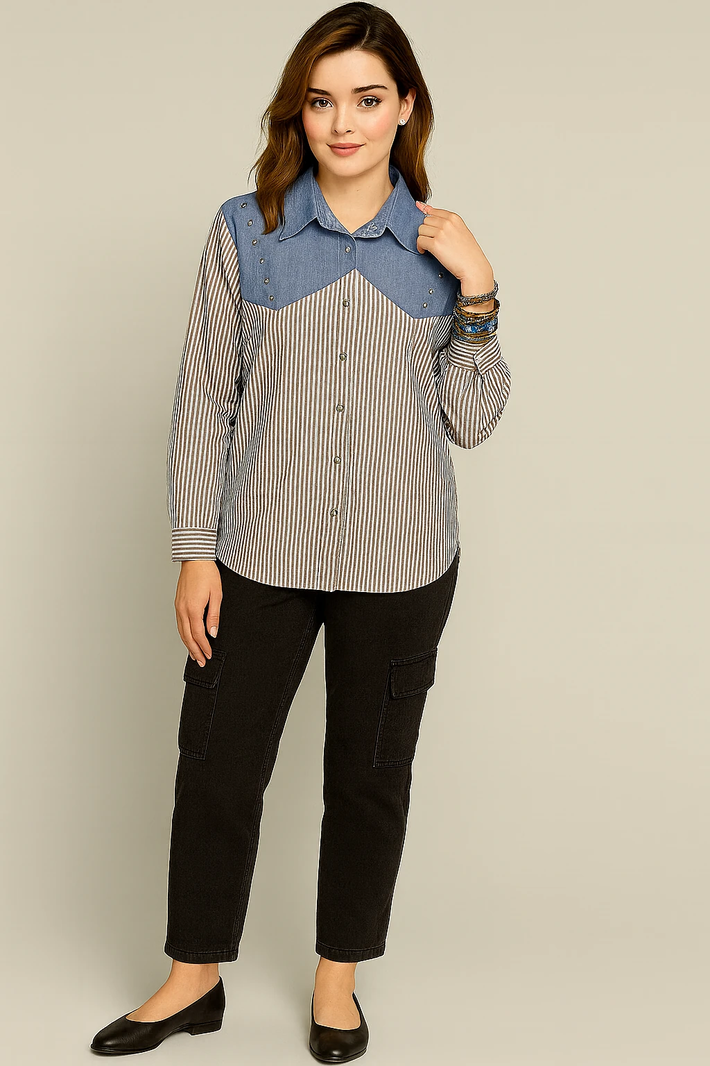 Kadın Çizgili Gömlek Yaka Denim Detaylı Bluz – Siyah-Beyaz