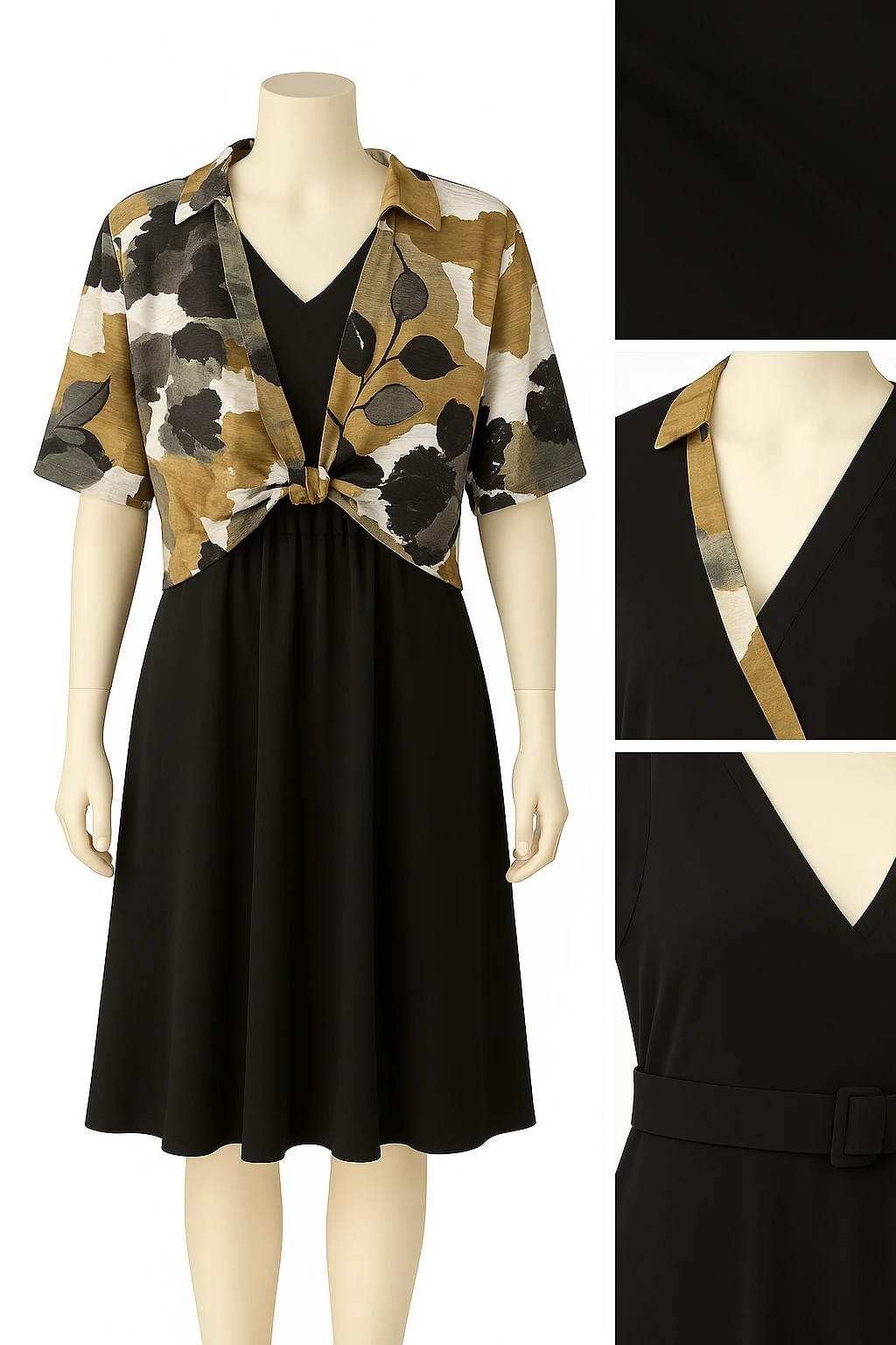 Siyah Elbise Üzeri Desenli Gömlek Detaylı