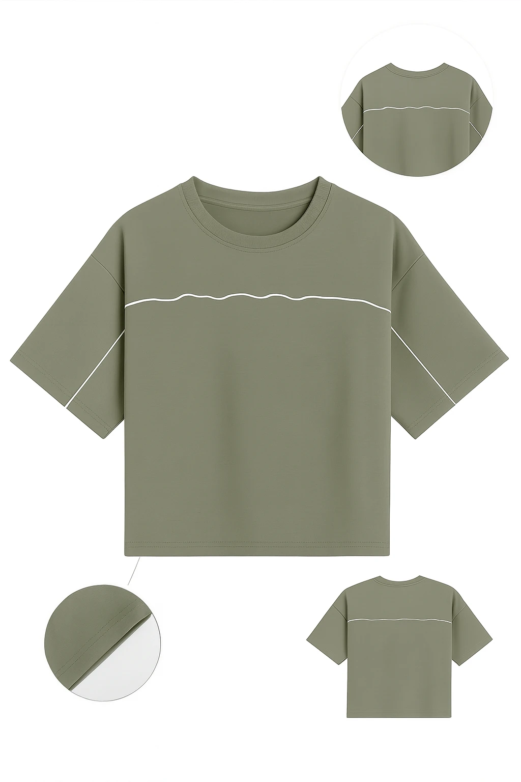 Haki Çizgi Detaylı Oversize Tişört