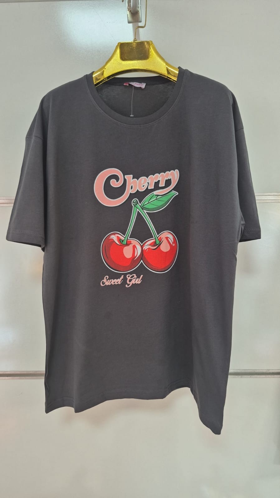 Cherry Sweet Kiraz Baskılı Gri Tişört