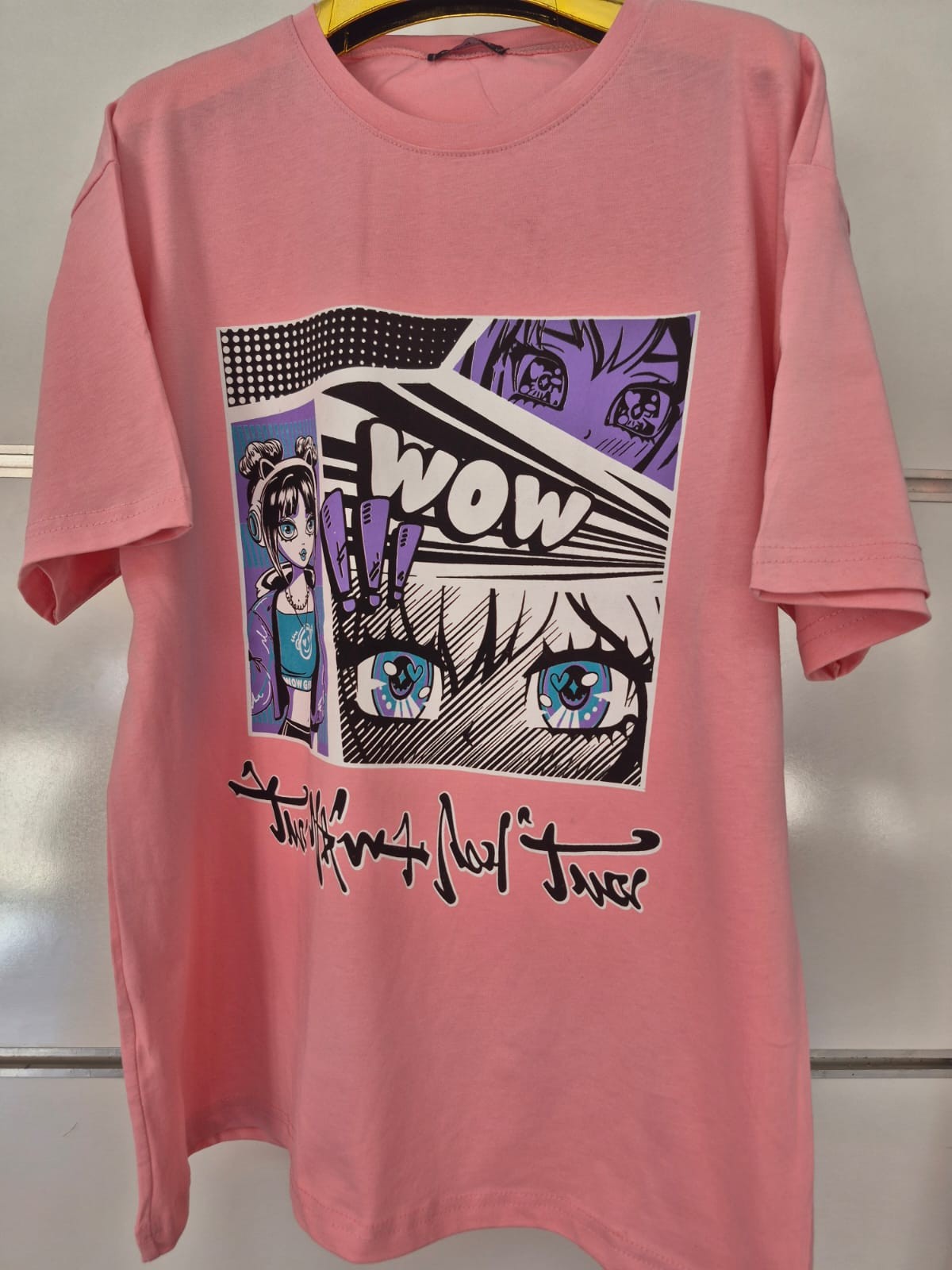WOW Anime Baskılı Pembe Tişört