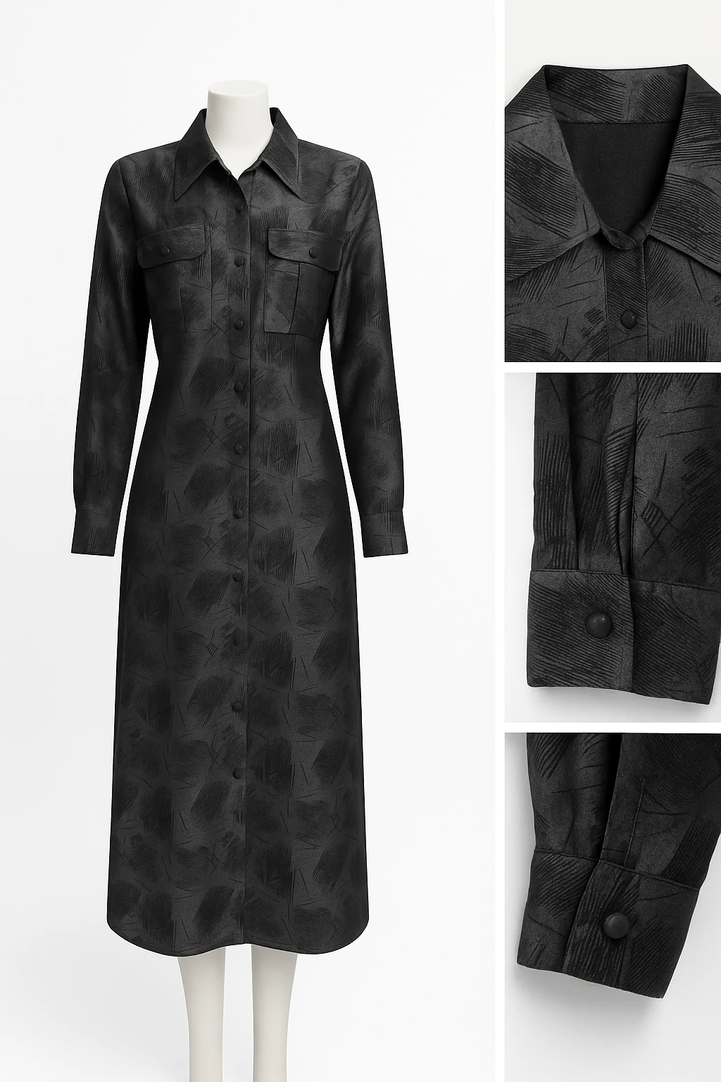 Siyah Desenli Uzun Kollu Gömlek Elbise