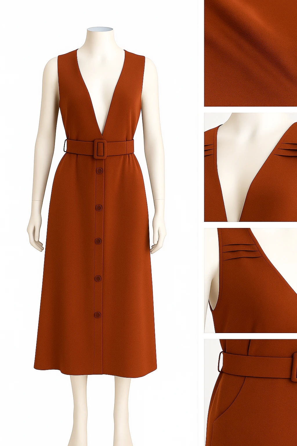 Kemer Detaylı Derin V Yaka Kiremit Elbise