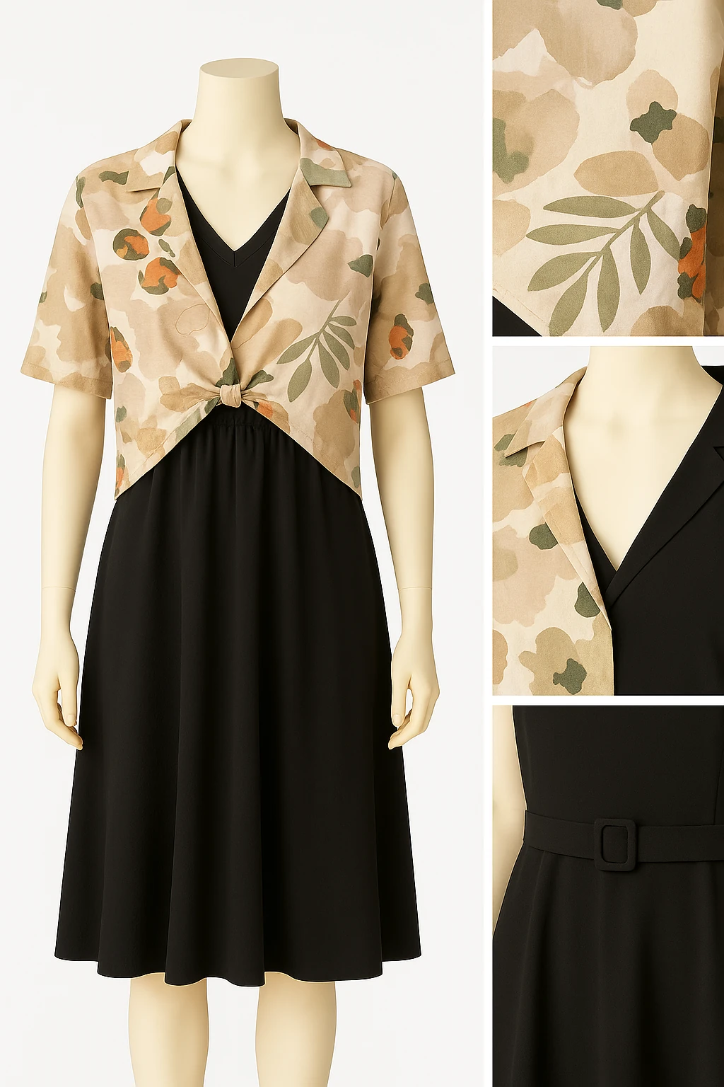 Desenli Gömlek Detaylı Siyah Elbise