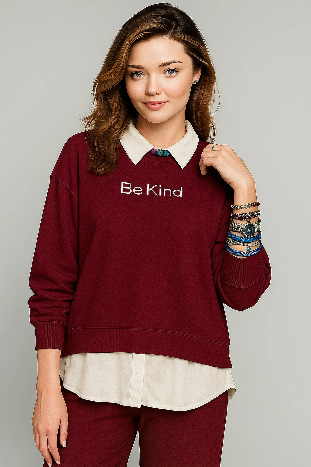 Bordo "Be Kind" Baskılı Kadın Sweatshirt