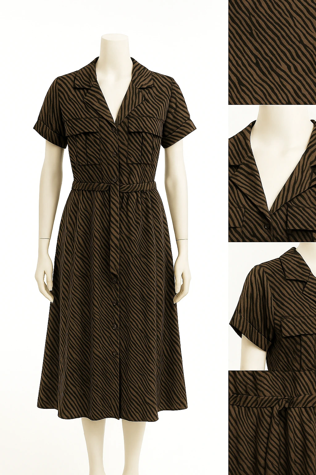 Zebra Desenli Kuşaklı Gömlek Elbise