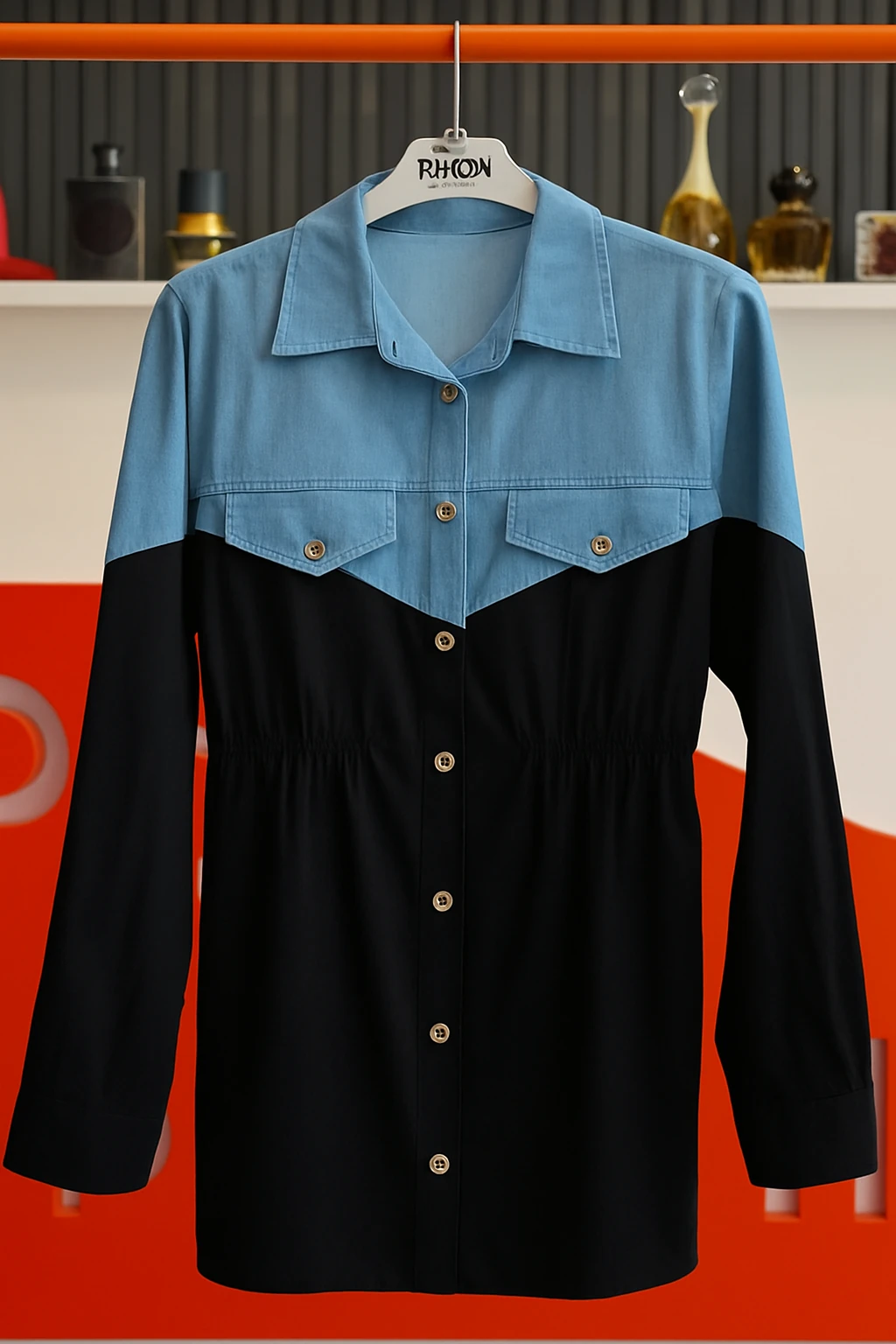 İki Renkli Denim Detaylı Kadın Gömlek