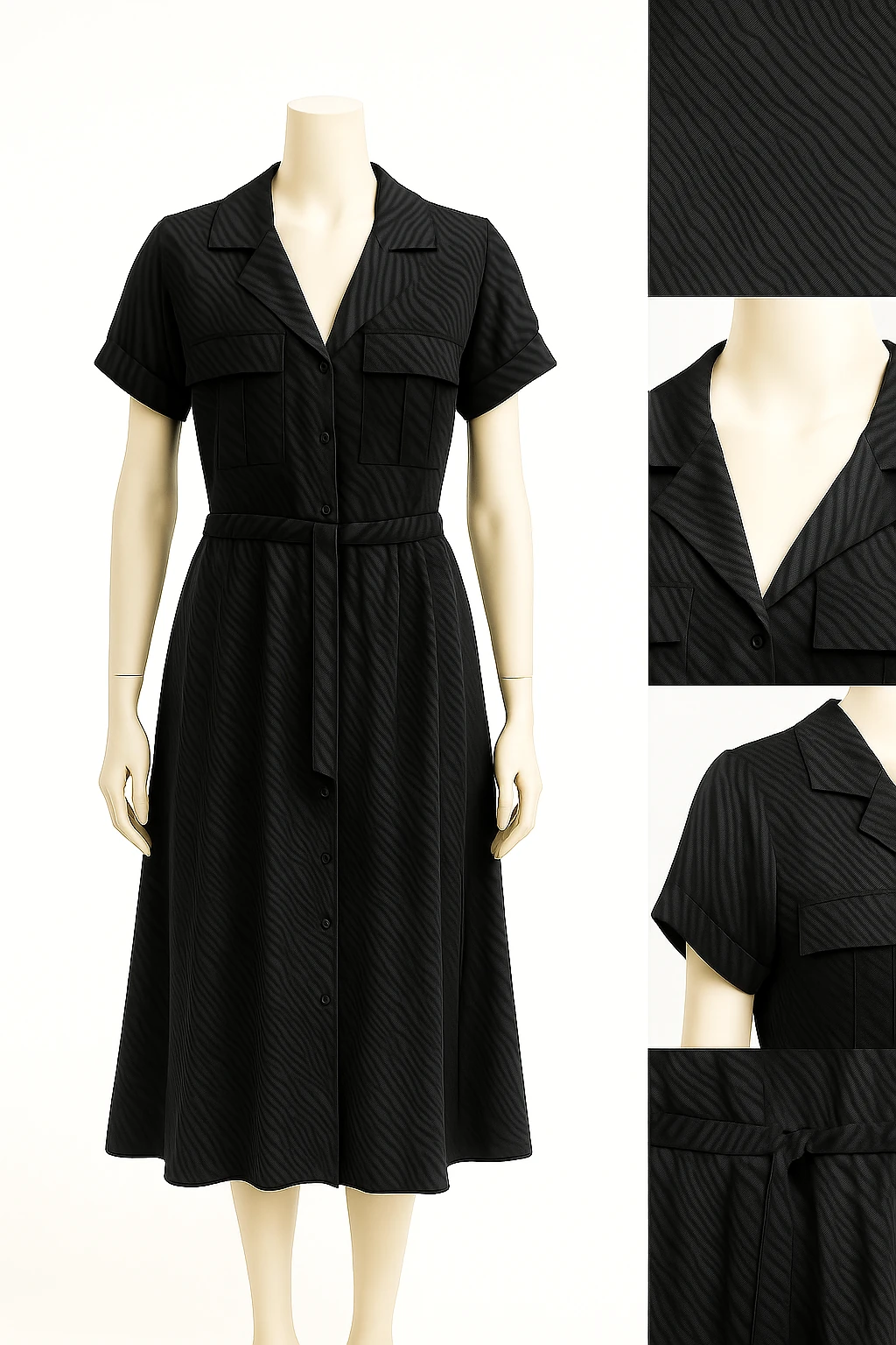 Parlak Kumaş Siyah Zebra Desenli Kuşaklı Elbise