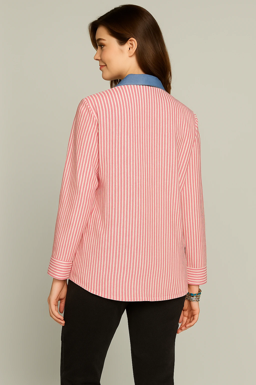 Kadın Çizgili Gömlek Detaylı Denim Yaka Bluz