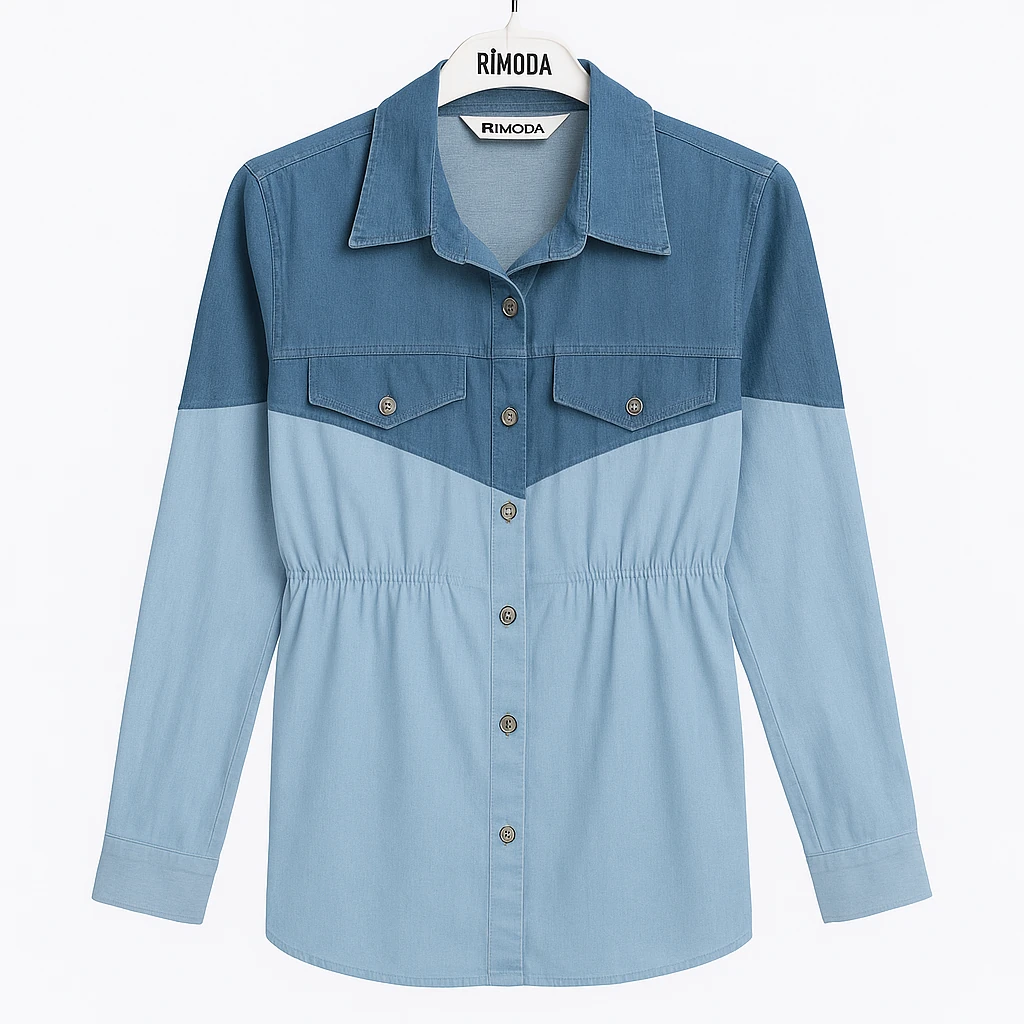 İki Tonlu Düğmeli Denim Gömlek