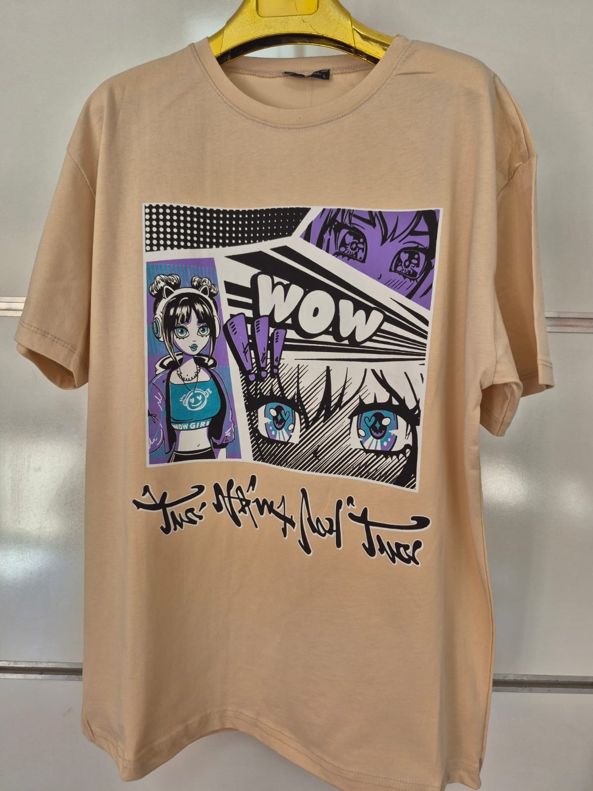 WOW Anime Baskılı Bej Tişört