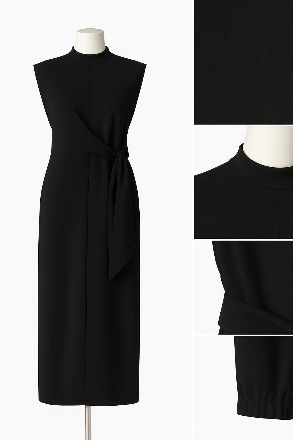 Siyah Minimalist Bağlamalı Midi Elbise