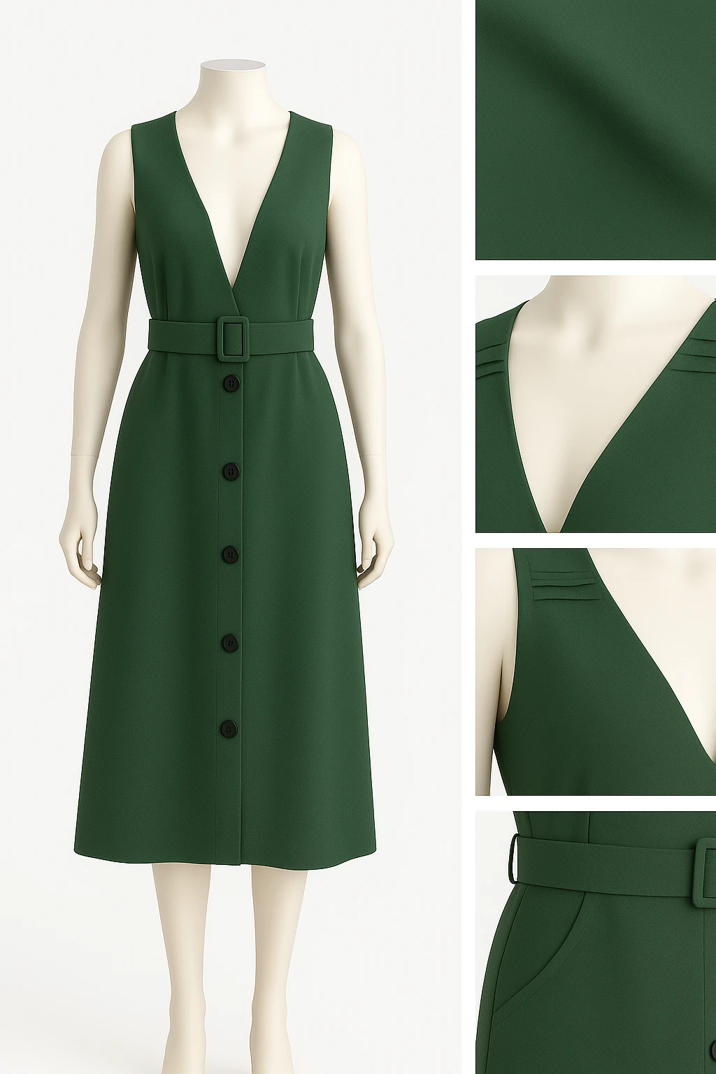 Derin V Yaka Kemerli Yeşil Elbise