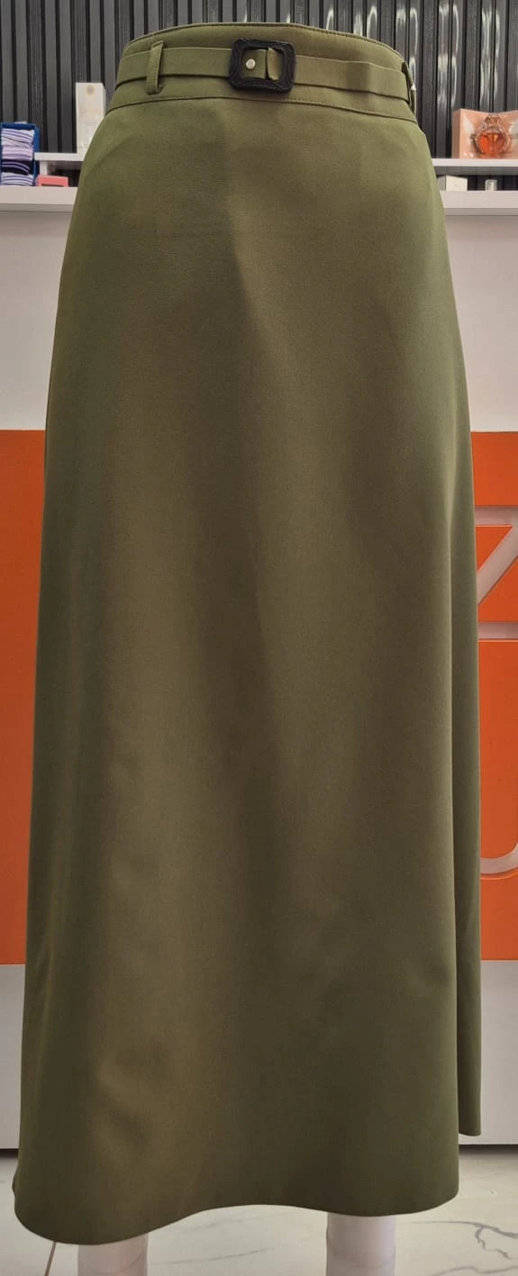 Tokalı Kemerli Haki Uzun Etek