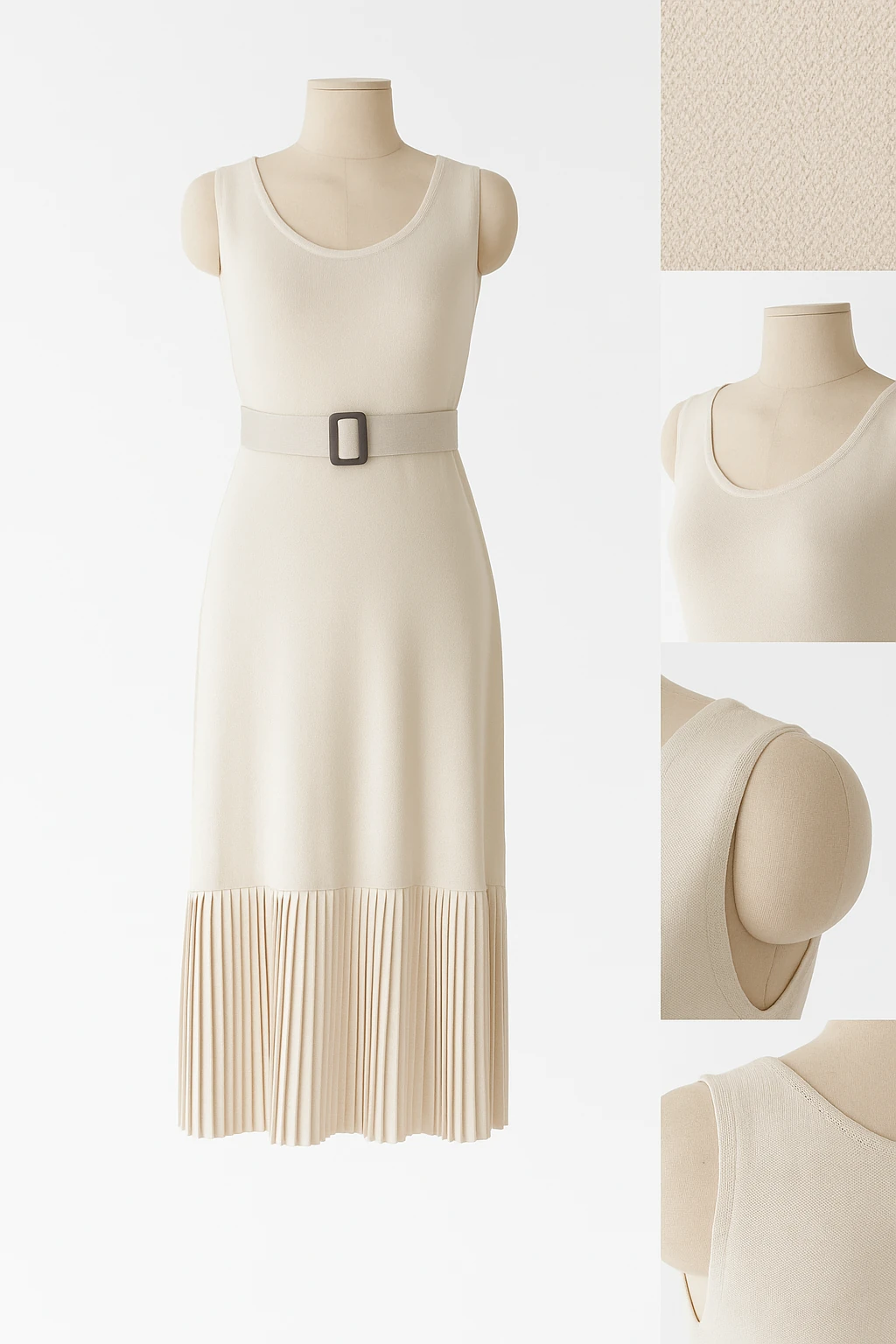 Kemer Detaylı Kolsuz Pliseli Bej Elbise