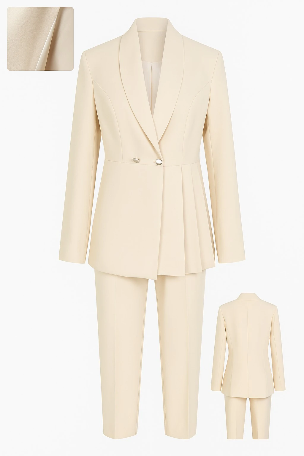 Krem Rengi Asimetrik Pliseli Kadın Blazer Takım