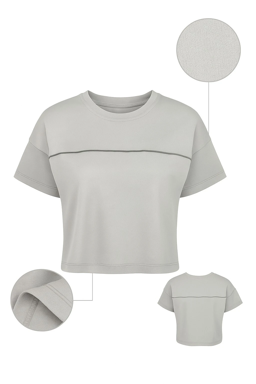 Açık Gri Çizgi Detaylı Crop Tişört