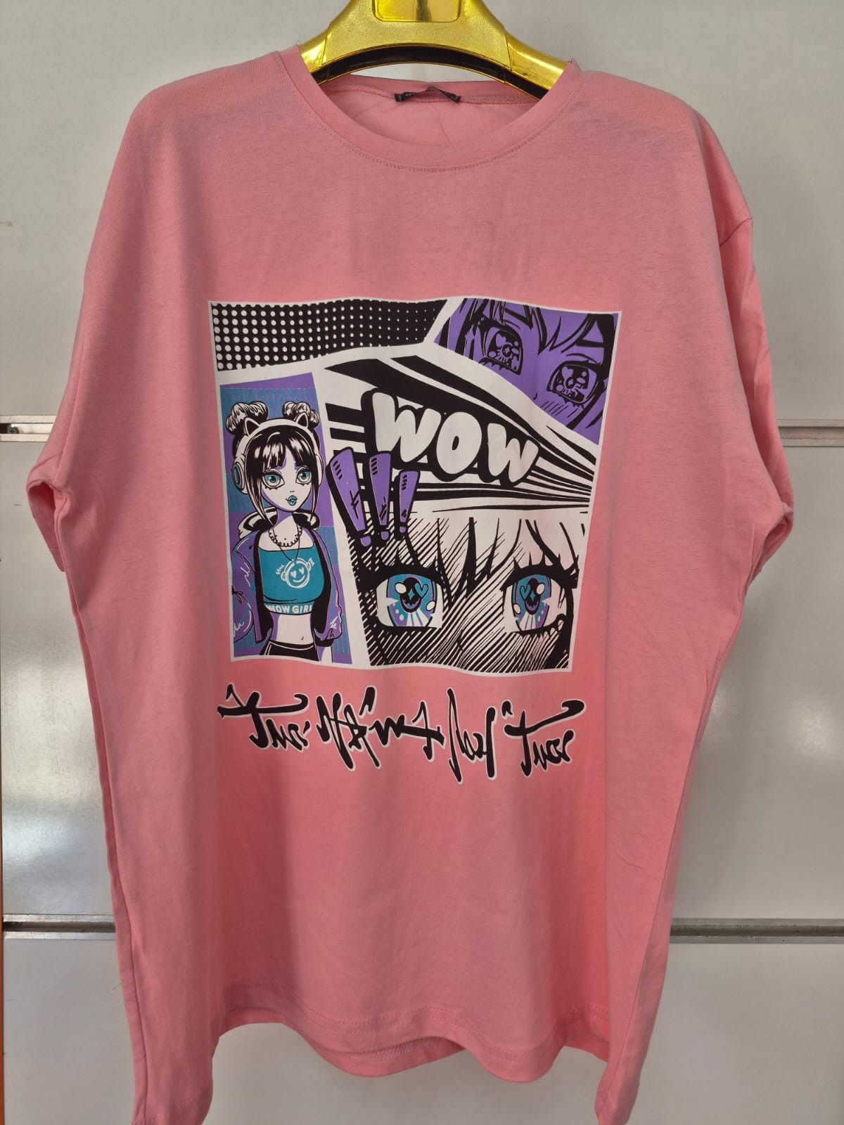 WOW Anime Baskılı Pembe Tişört