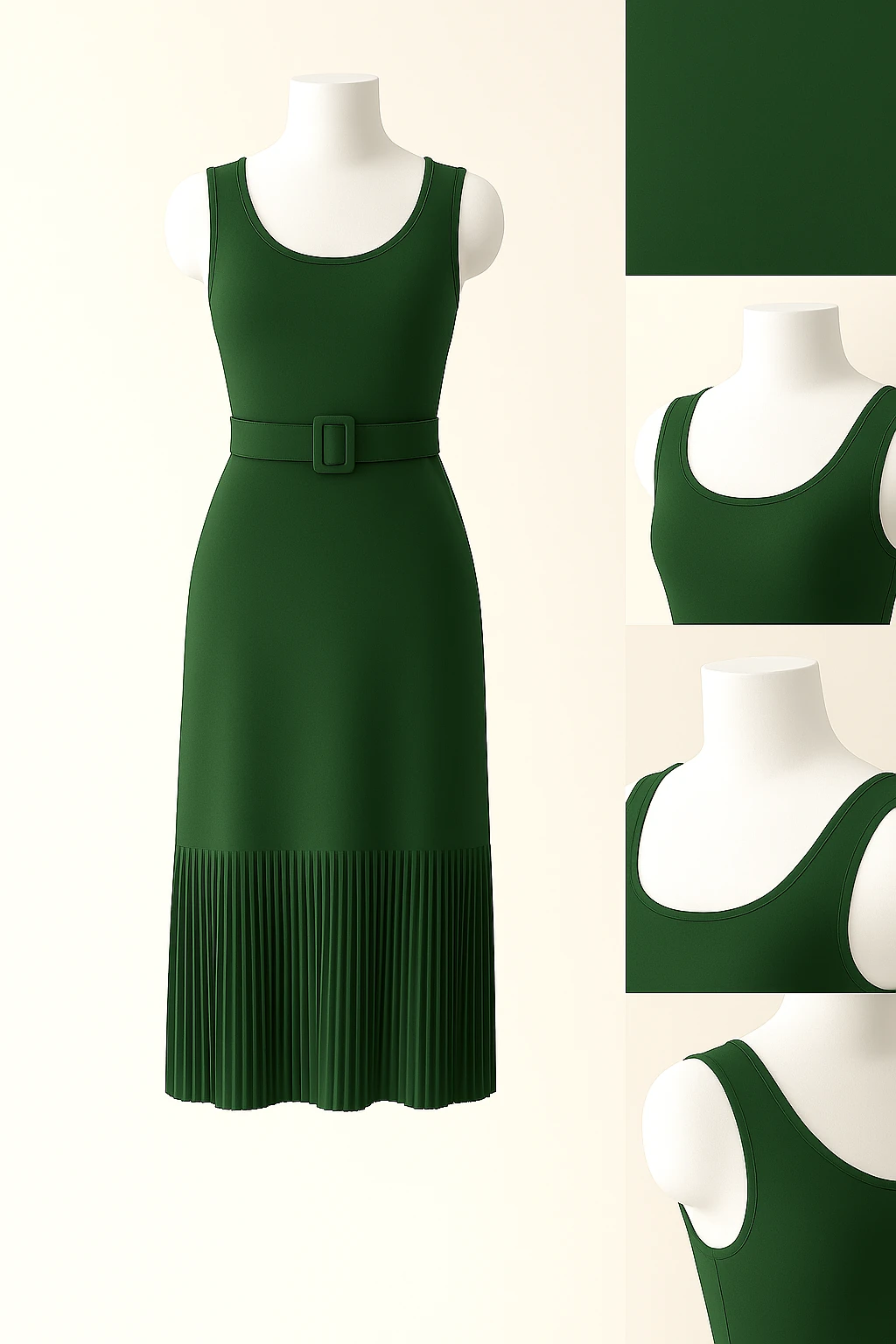 Kemer Detaylı Pliseli Koyu Yeşil Elbise