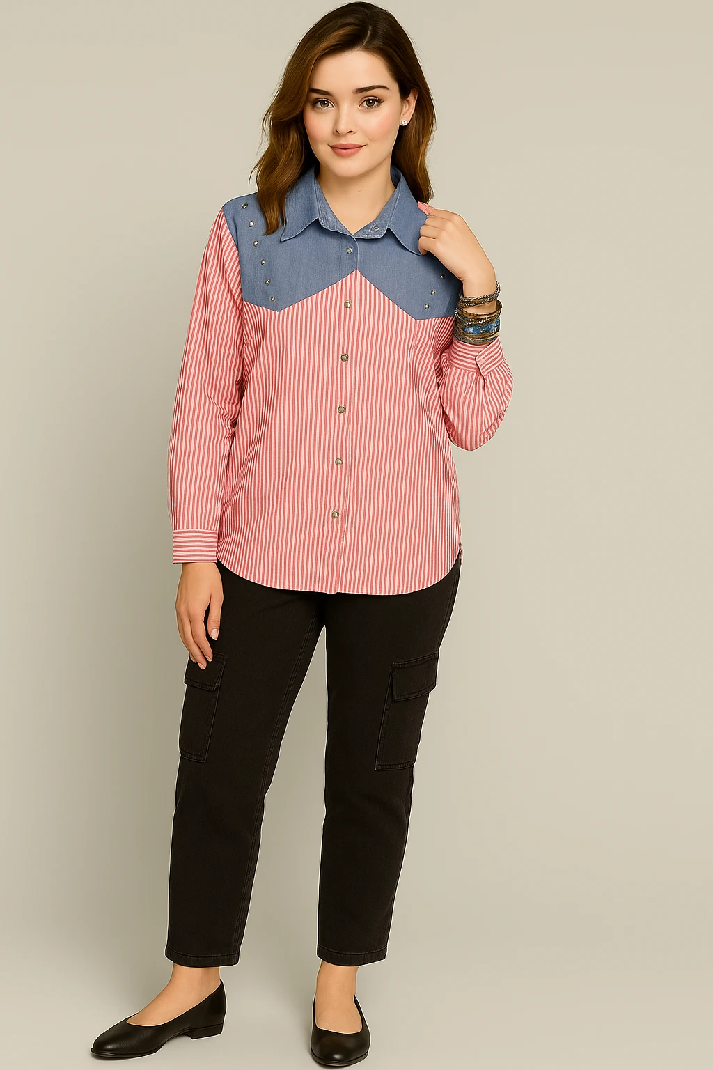 Kadın Çizgili Gömlek Detaylı Denim Yaka Bluz