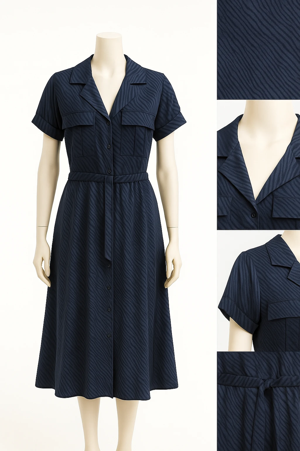 Parlak Kumaş Zebra Desenli Kuşaklı Gömlek Elbise