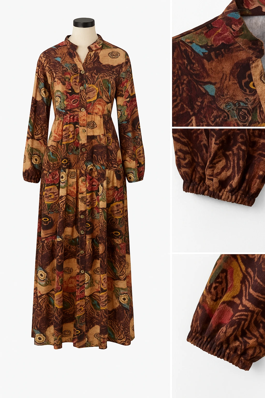 Etnik Desenli Uzun Kollu Maxi Elbise