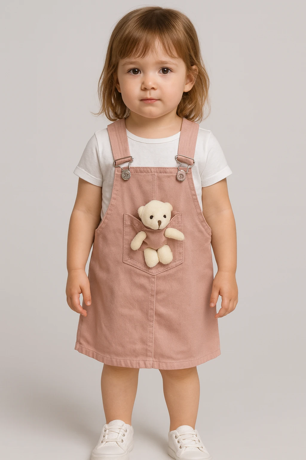 Ayıcık Cep Detaylı Bej Pembe Kot Elbise