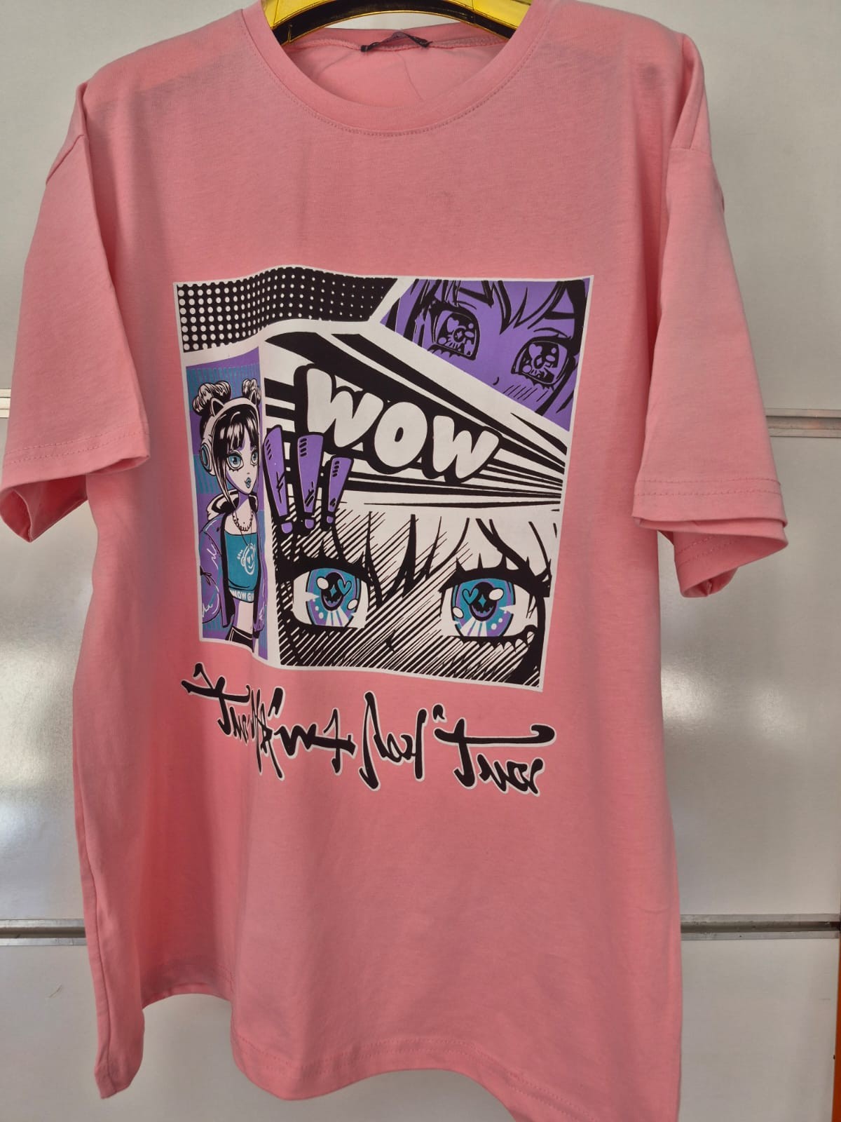 WOW Anime Baskılı Pembe Tişört