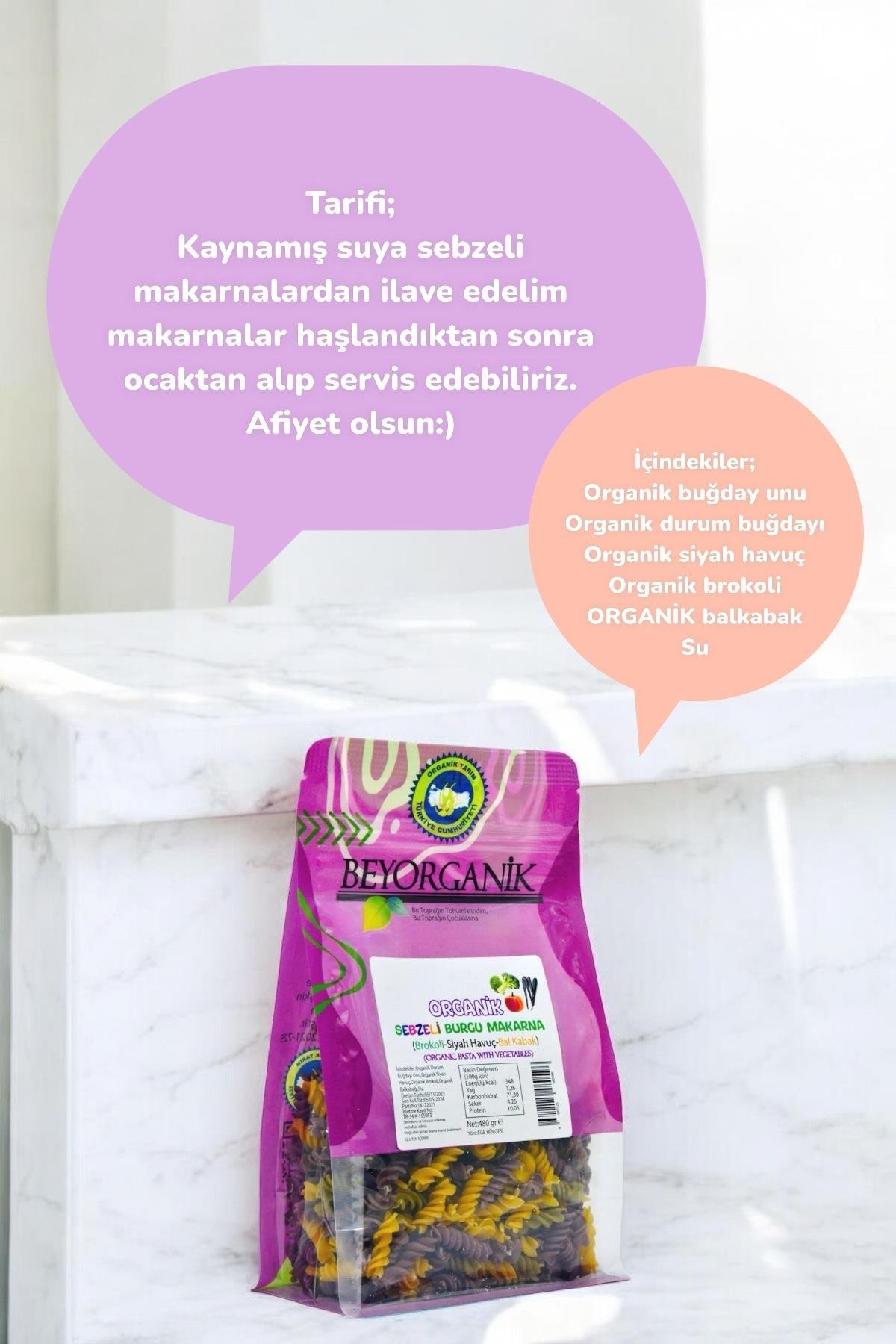 Organik Sebzeli Burgu Makarna Siyah Havuç-Brokoli-Balkabağı 240g  (PESTİSİT VE AFLATOKSİN ANALİZLİ)