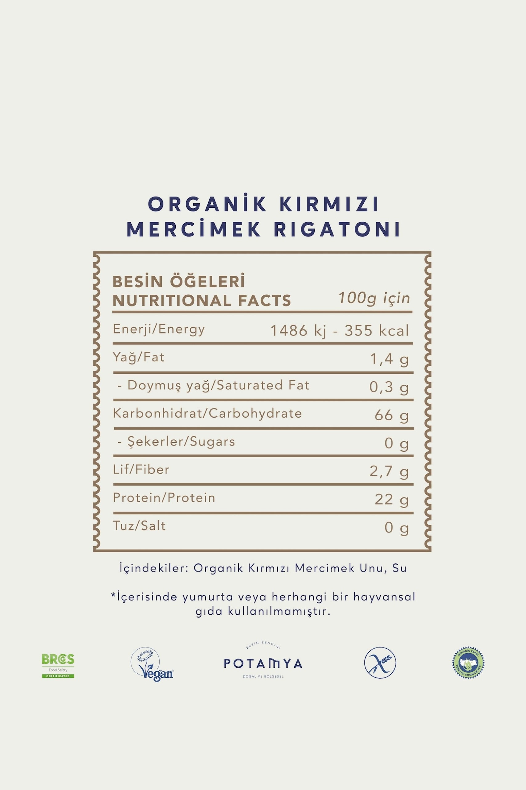 Organik Kırmızı Mercimekli Rigatoni 240 Gr (İz Miktarda Gluten)