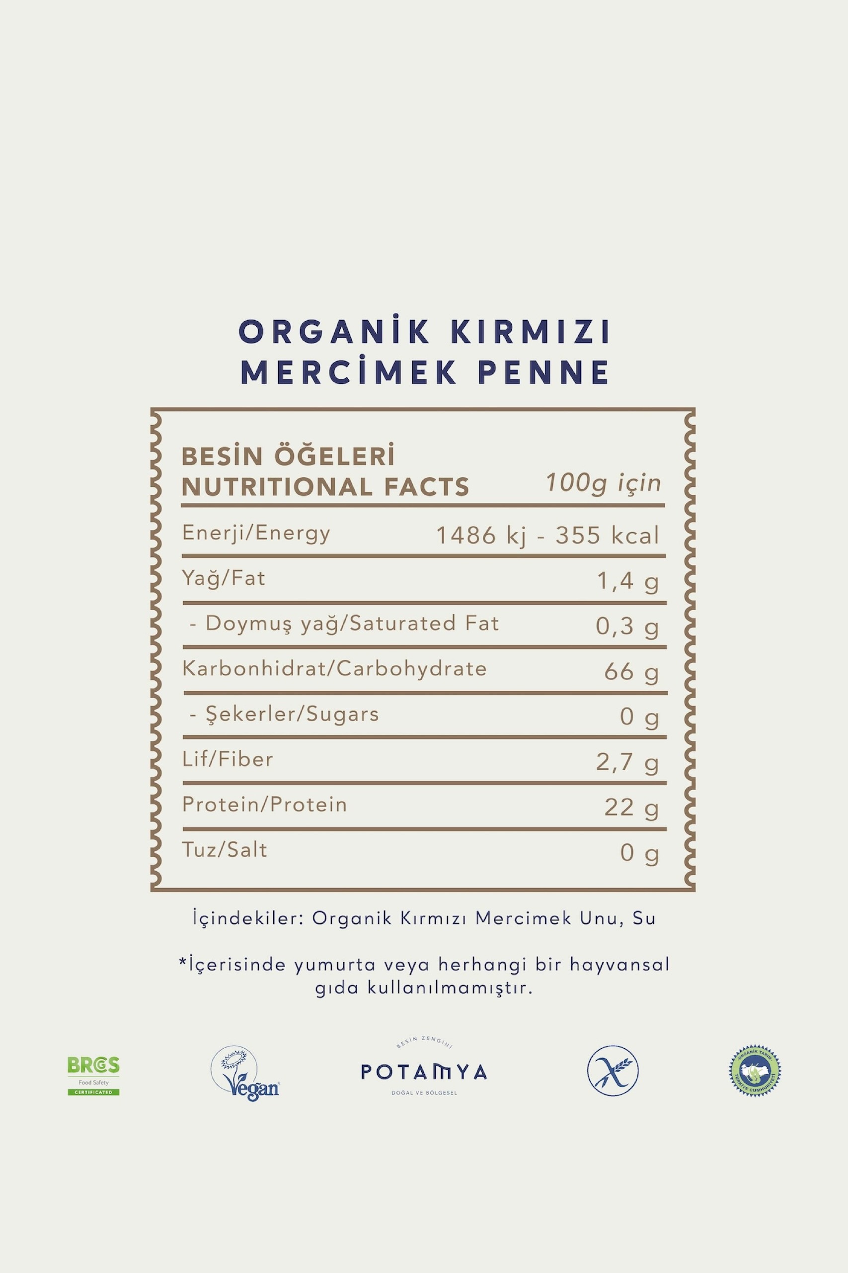Organik Kırmızı Mercimekli Penne 240 Gr (İz Miktarda Gluten)