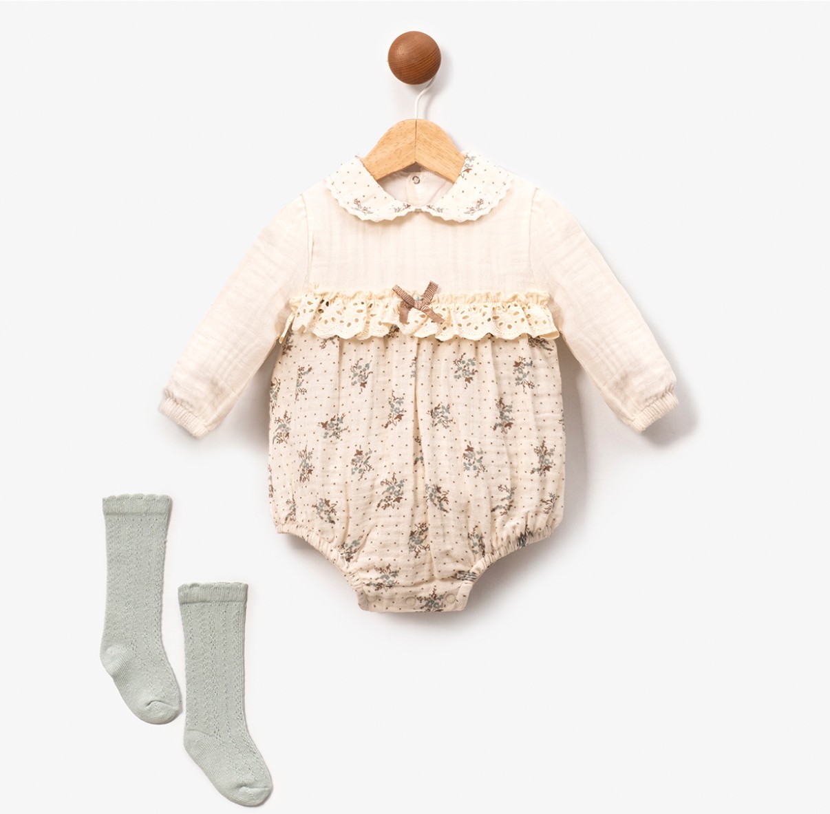 Kız Bebek Çiçekli Mint Müslin 2li Romper