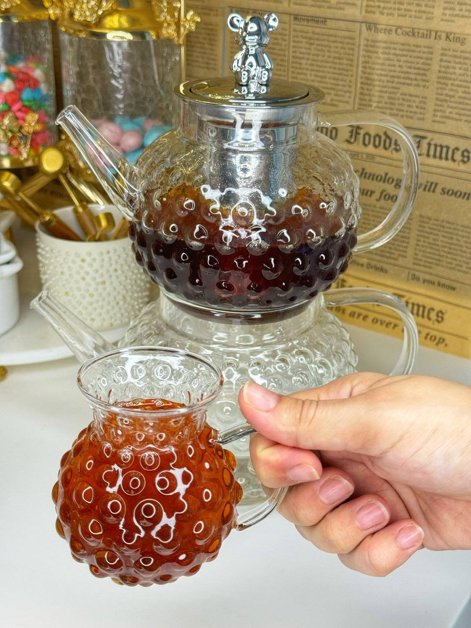 Montella Gümüş Ayıcık Kulplu Damla Borosilikat Cam Çaydanlık