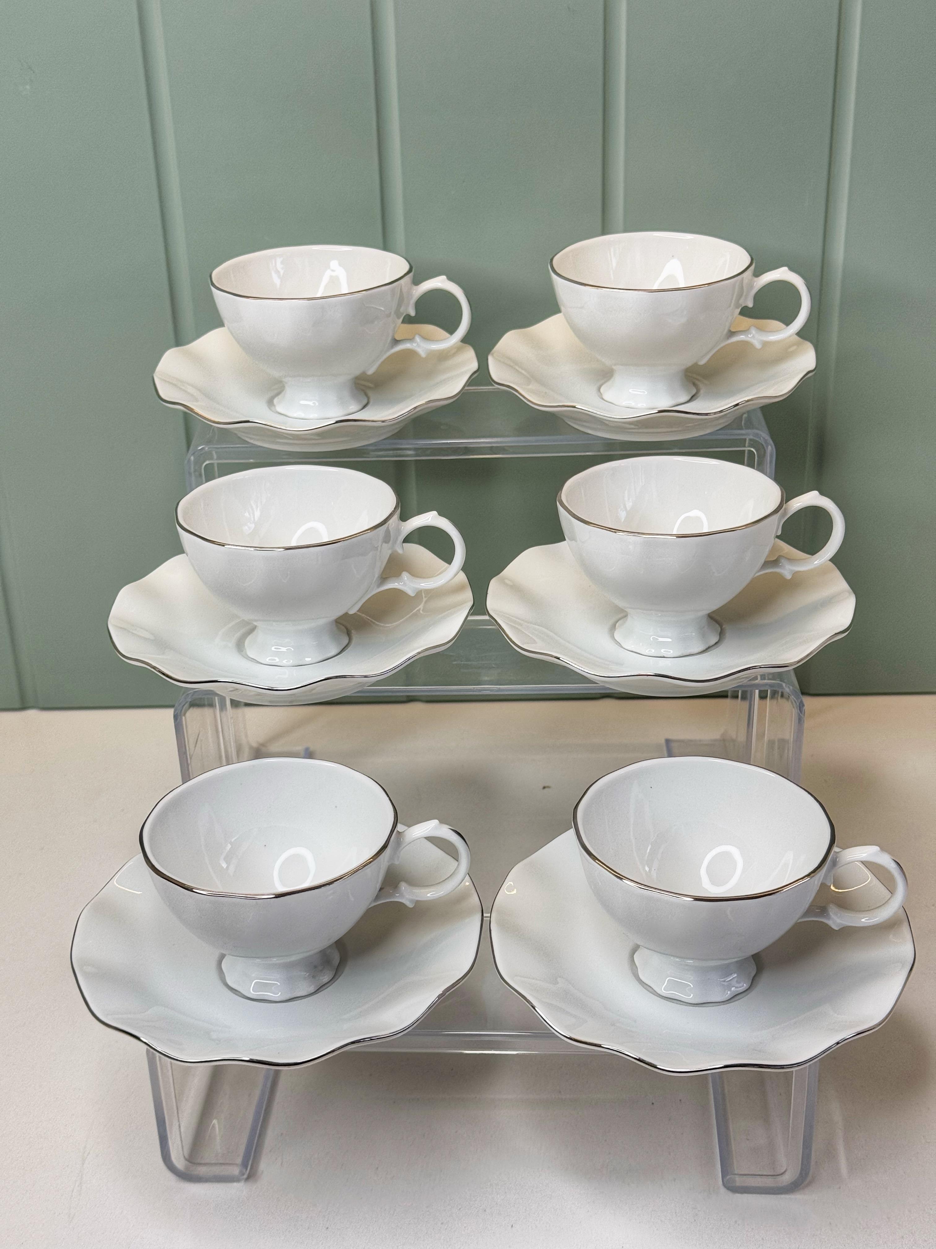 Lotus 6 Kişilik Gümüş Detaylı Porselen Türk Kahvesi Fincanı