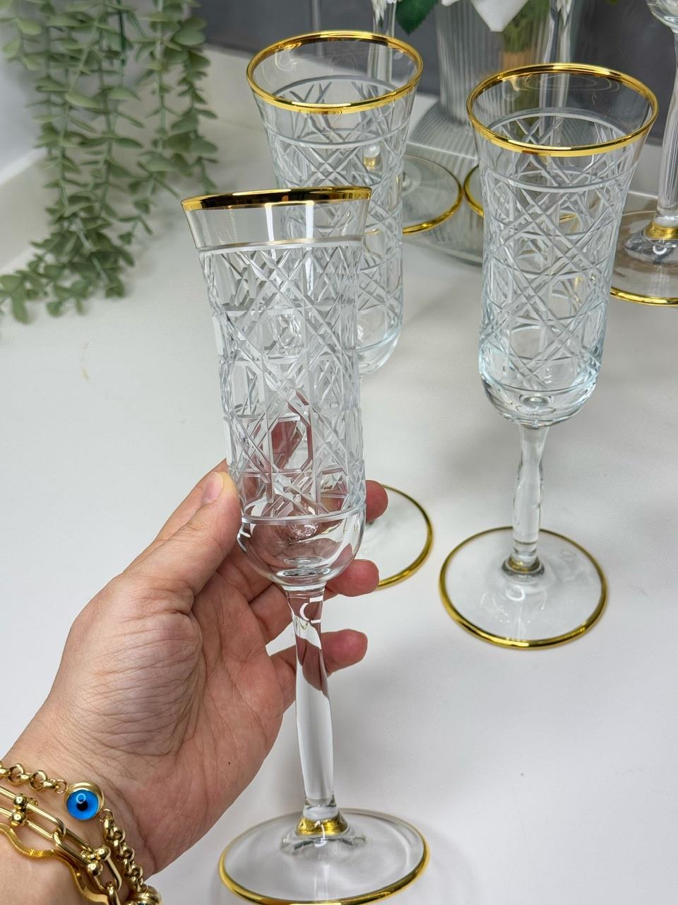 6 Lı Gold Detaylı Bella Desen Kahve Yanı Su Bardağı