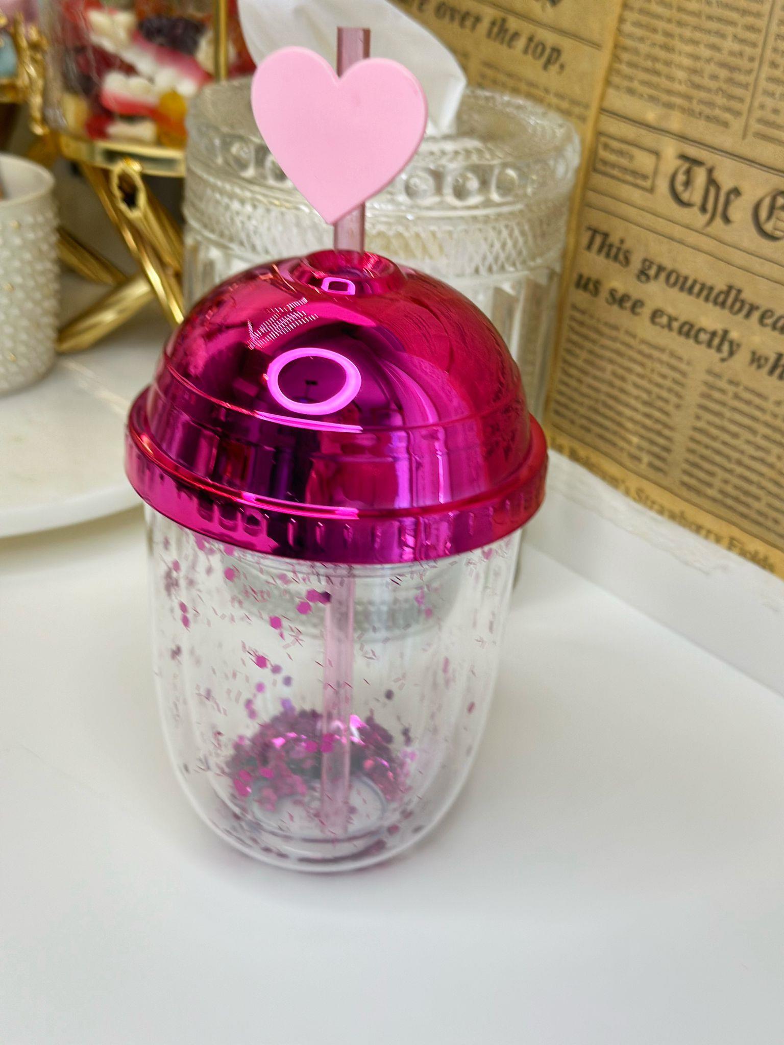 Fuşya Kalpli Pipetli Suluk / Matara