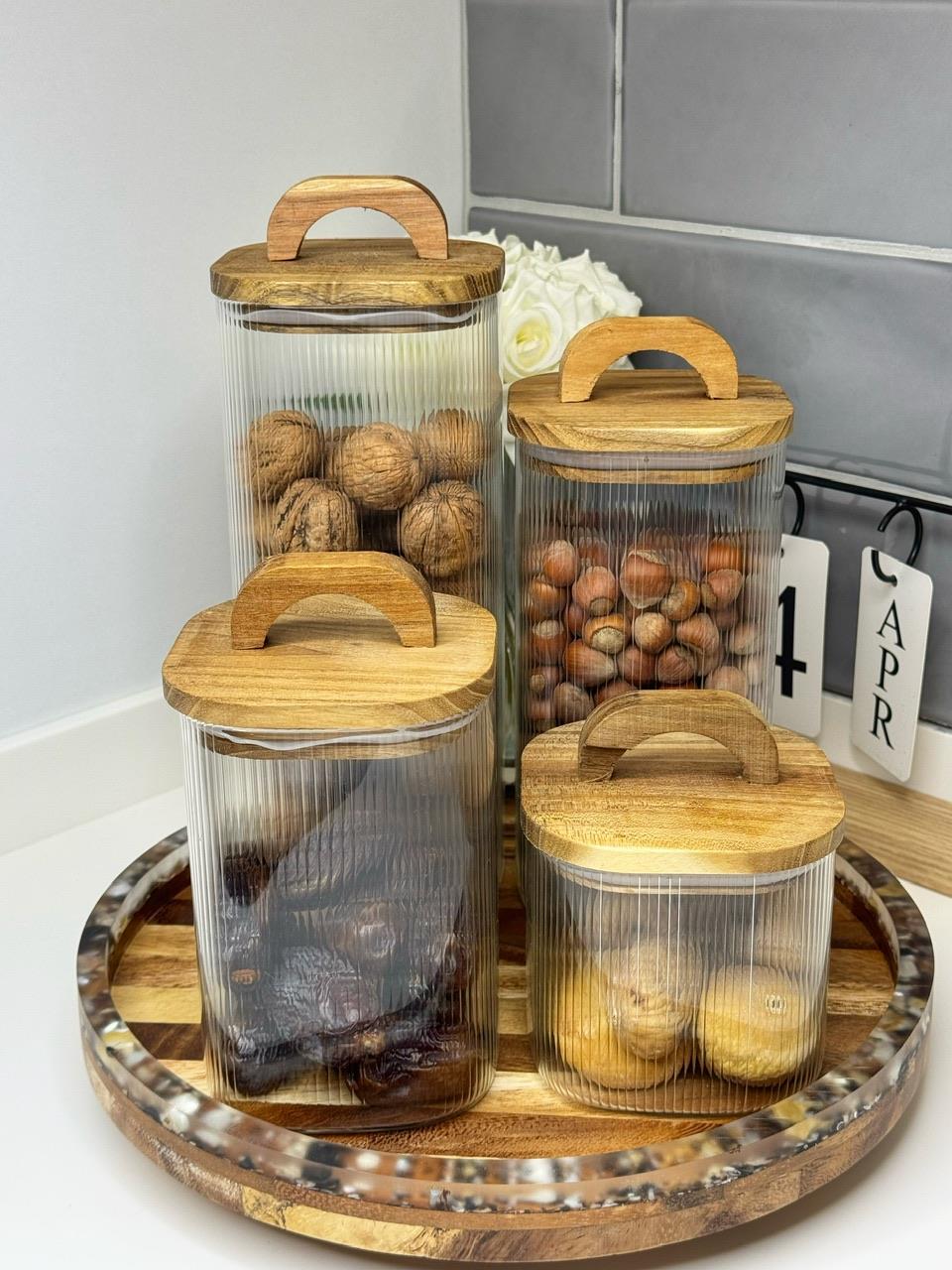 Akasya Döner Standlı 4Lü Cam Kavanoz Set (1)