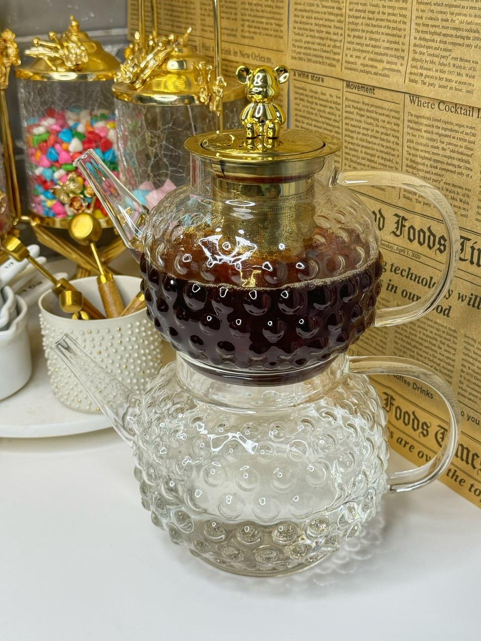 Montella Gold Ayıcık Kulplu Damla Borosilikat Cam Çaydanlık