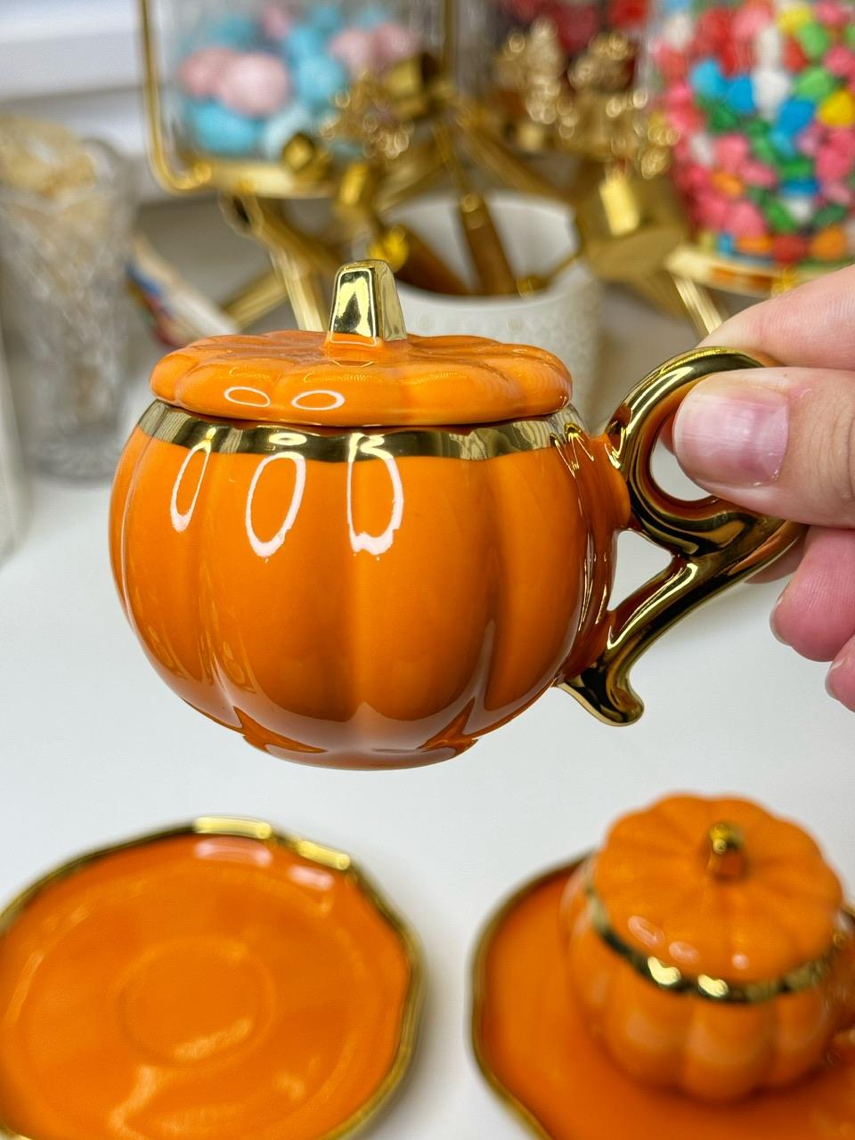 2 Kişilik Turuncu Beyaz Kabak Türk Kahvesi Fincanı