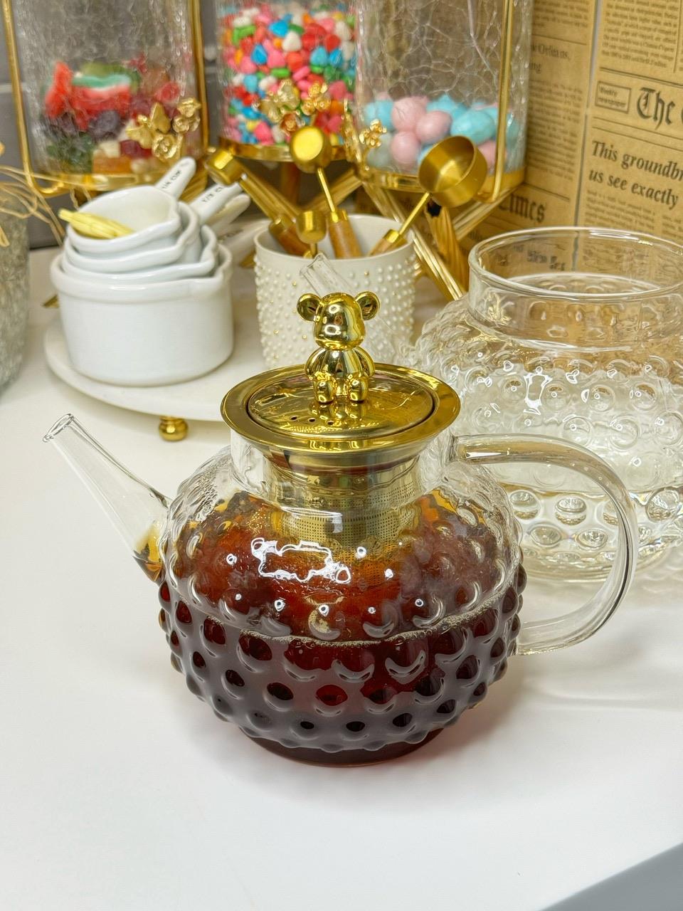 Montella Gold Ayıcık Kulplu Damla Borosilikat Cam Çaydanlık