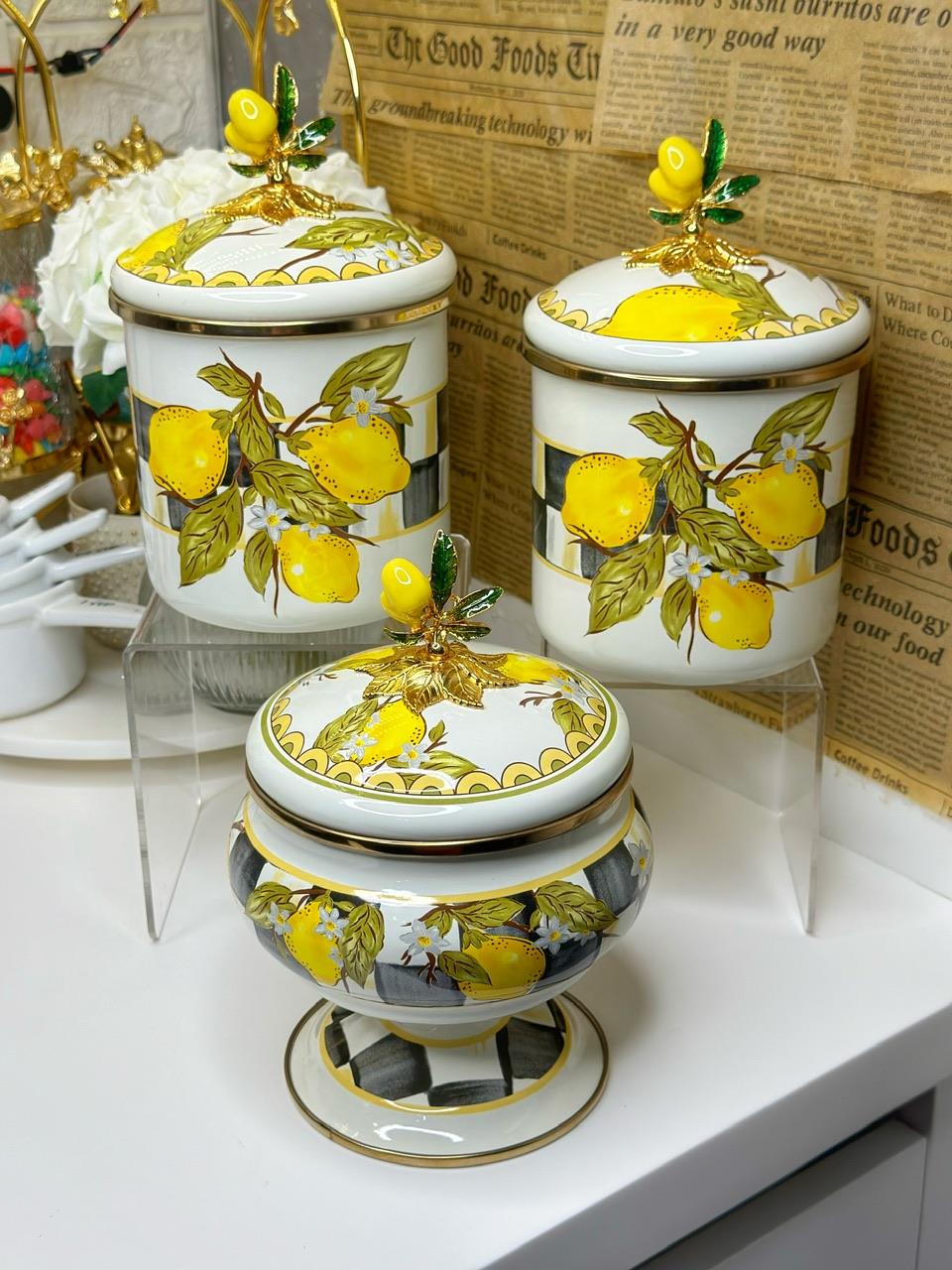 3 Lü Limon Desenli Emaye Şekerlik - Baharatlık