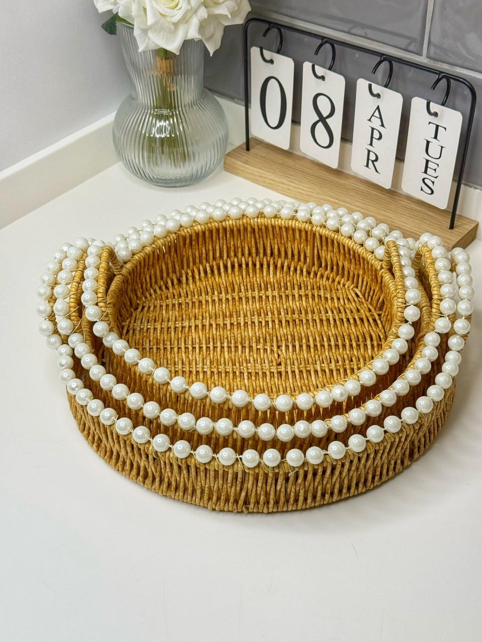 3Lü İncili Rattan Tepsi Yuvarlak