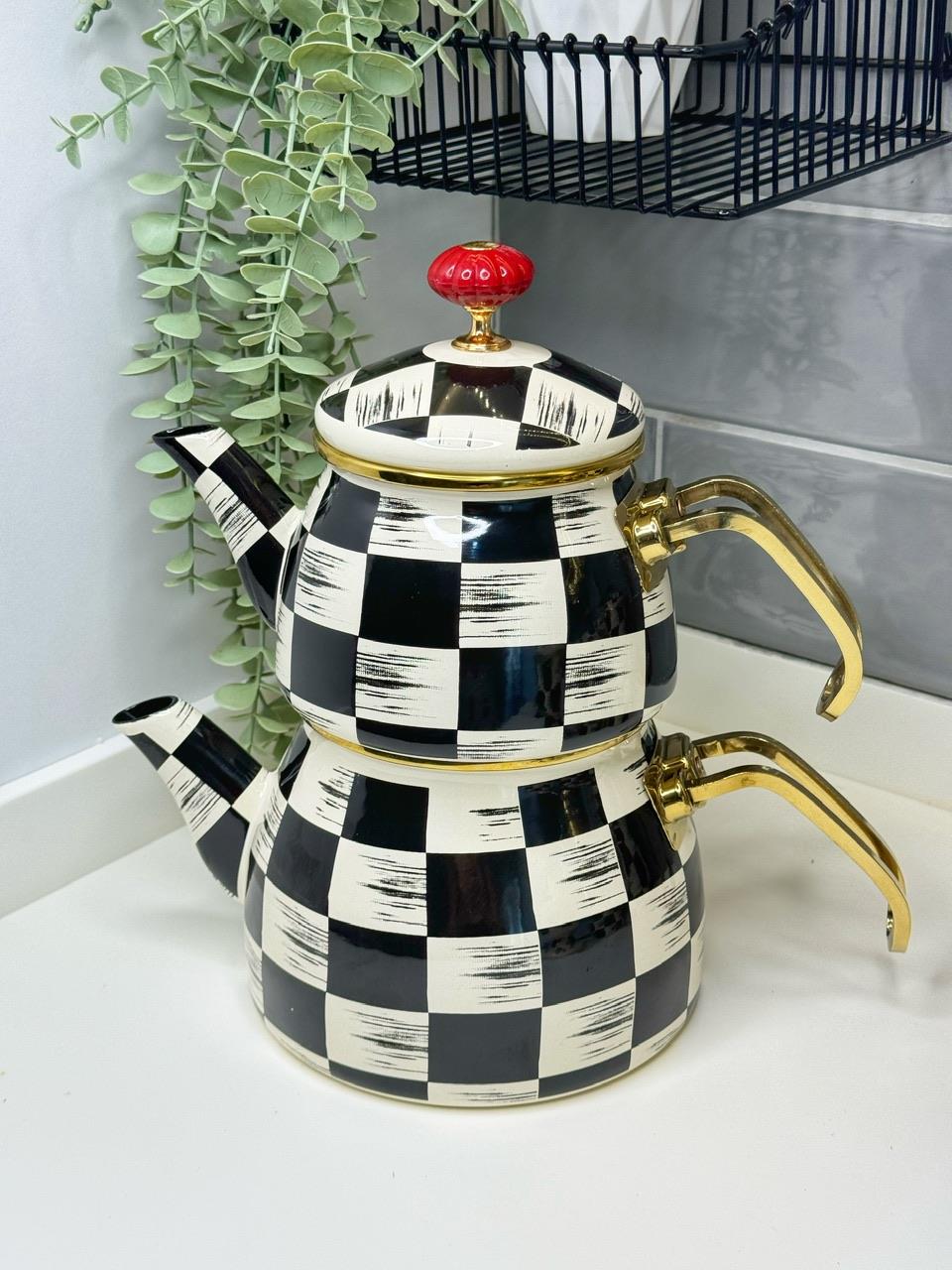 Checker Emaye Çaydanlık