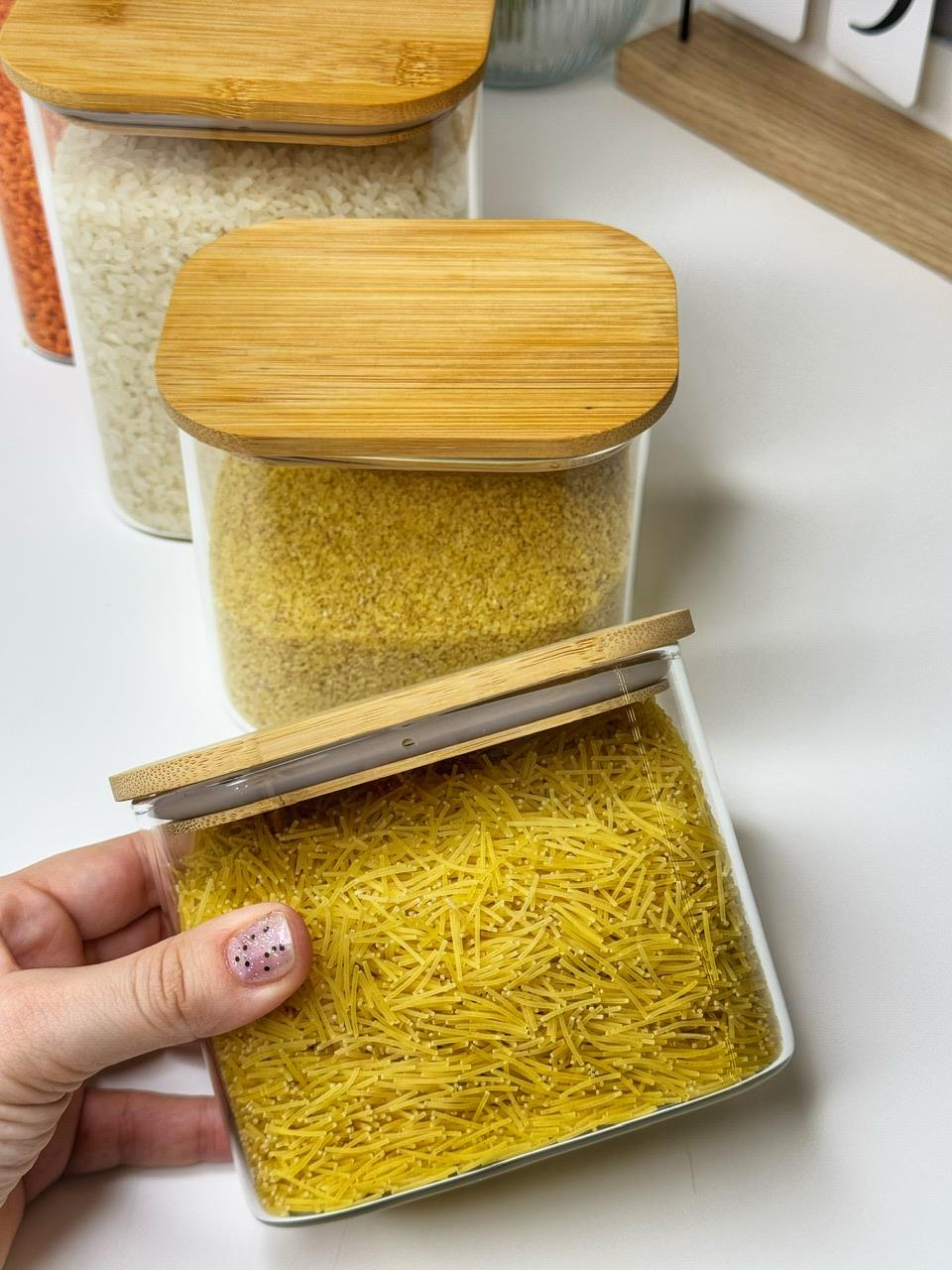 4 Lü Vakumlu Bambu Kapaklı Cam Kavanoz