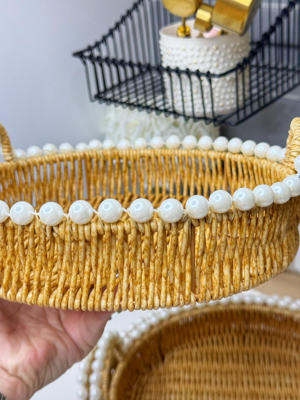 3Lü İncili Rattan Tepsi Yuvarlak